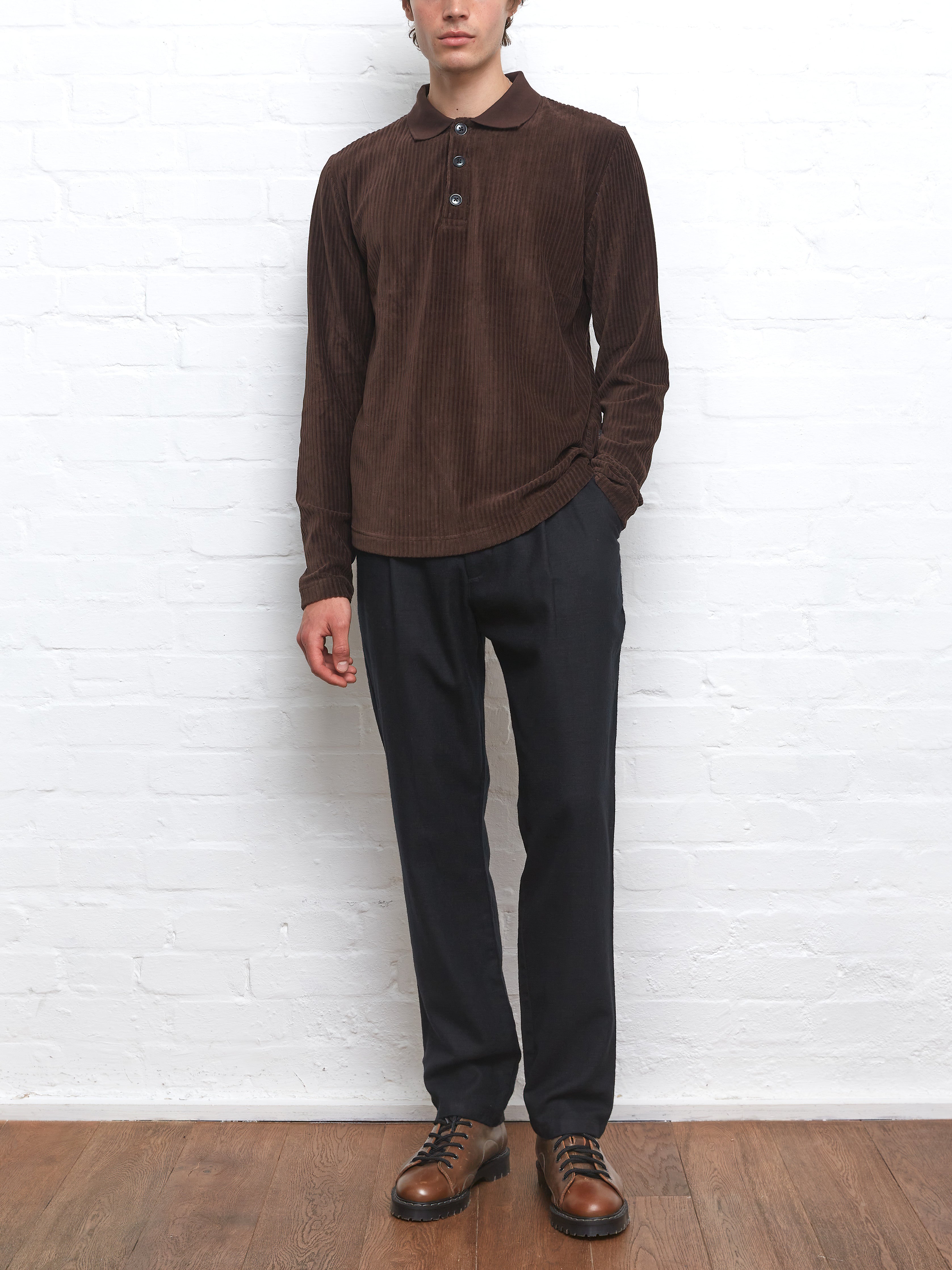 Corringway Long Sleeve Polo Shirt Lulworth Chocolate Brown