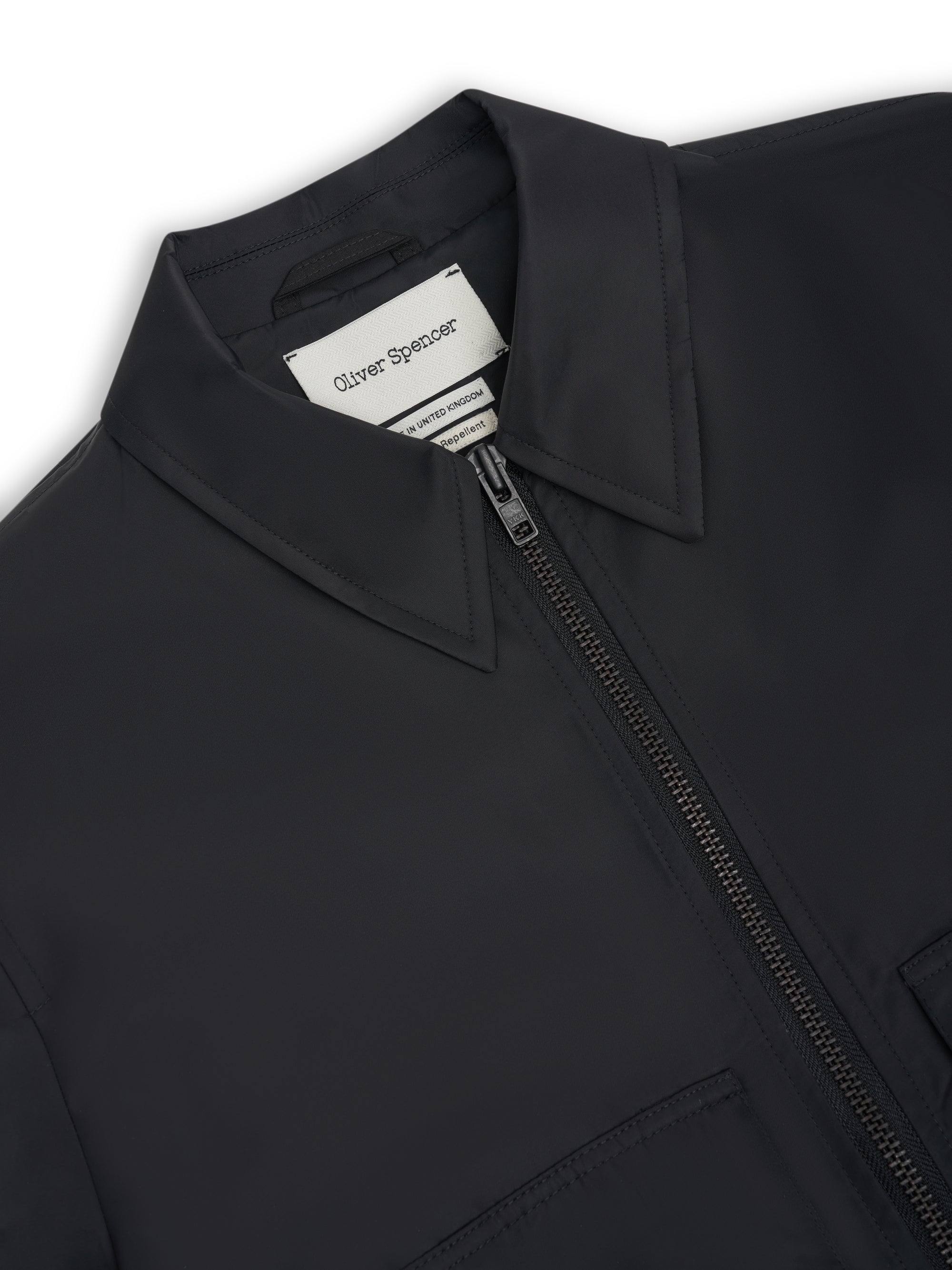 Detailed collar shot of Oliver Spencer Men's Water Repellent Black Bomber Jacket