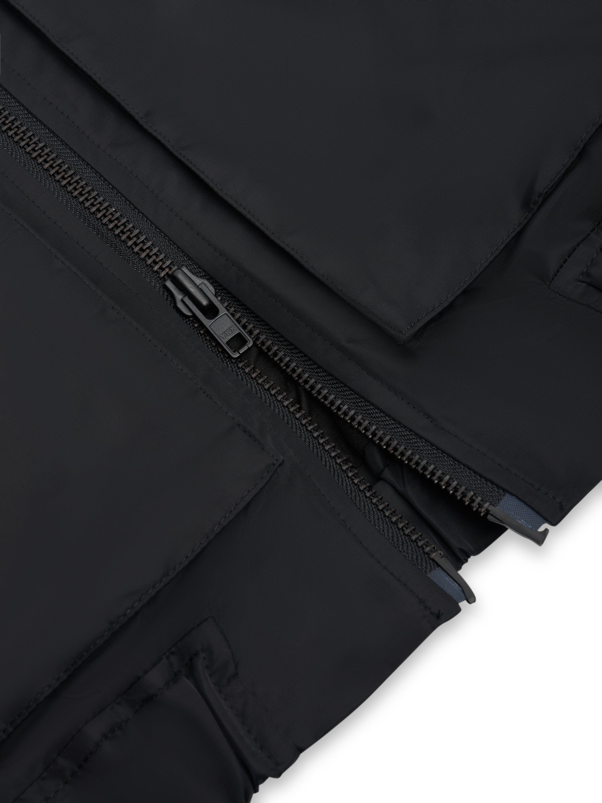 Detailed zip shot of Oliver Spencer Men's Water Repellent Black Bomber Jacket