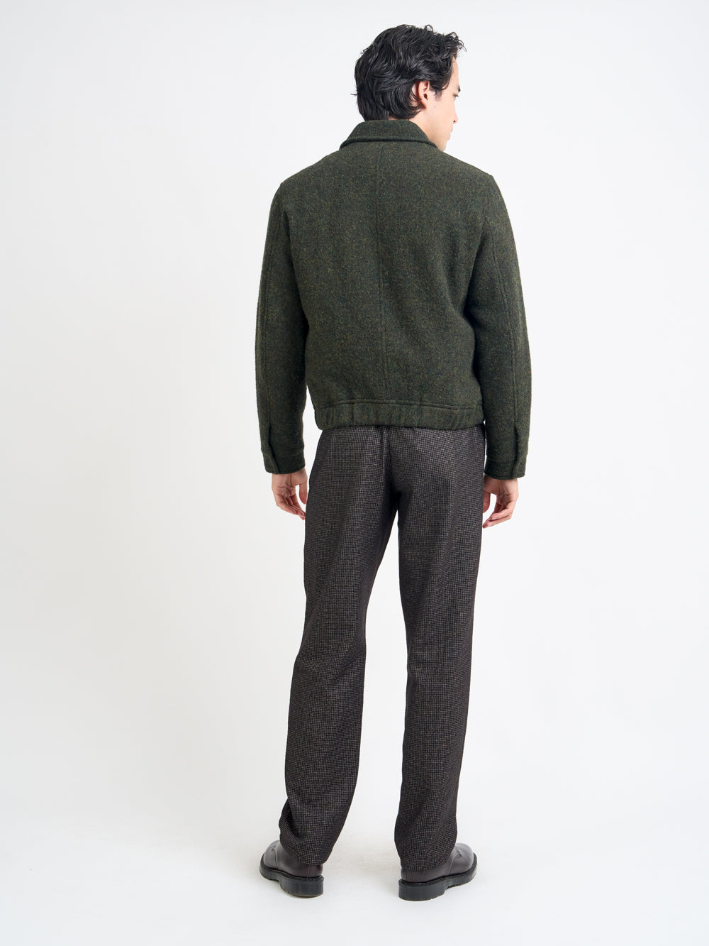 Back shot of model wearing Oliver Spencer Men's Green Wool Bomber Jacket Flat Shot