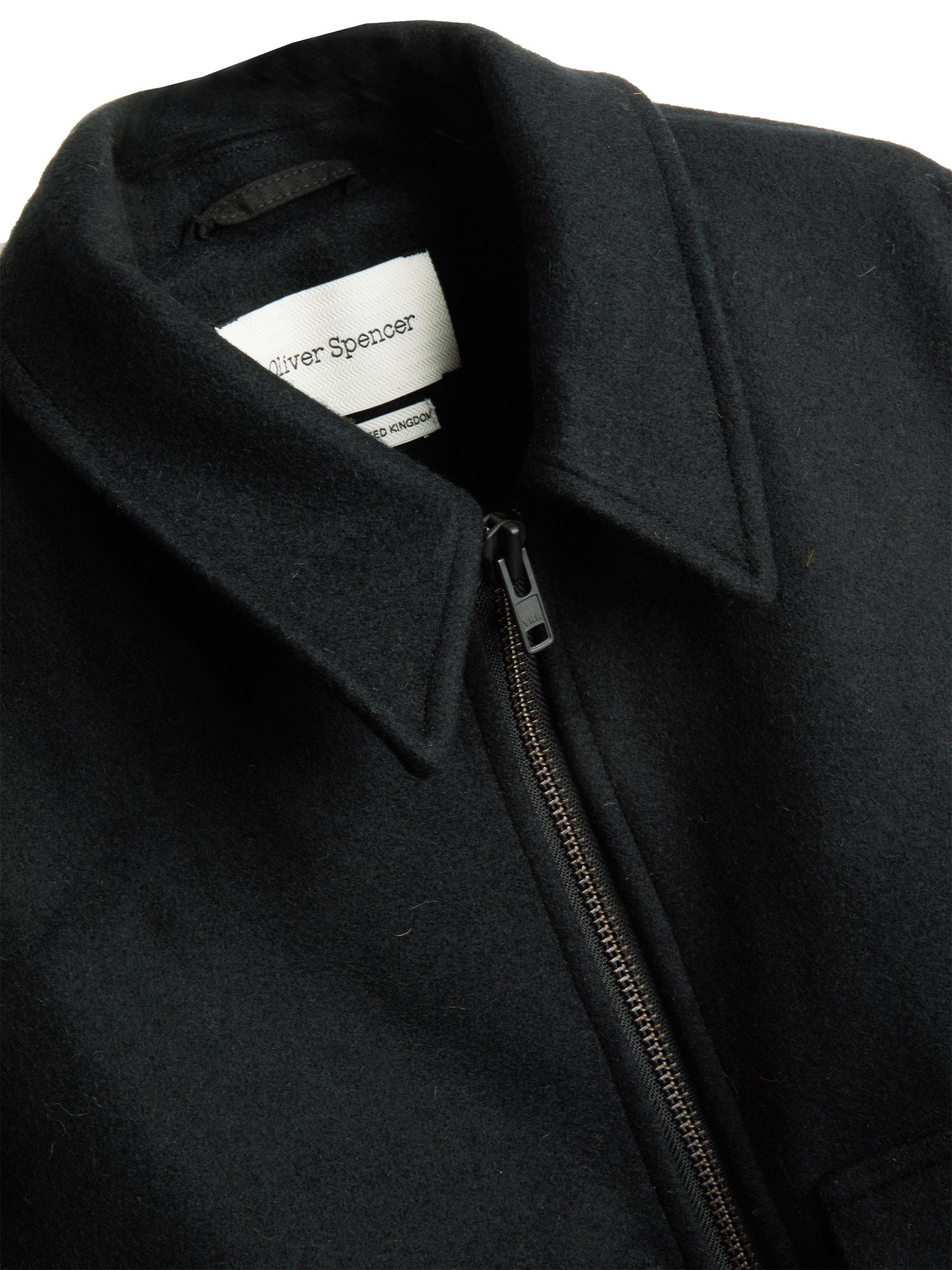 Detailed collar shot of Oliver Spencer Men's Black Wool Bomber Jacket