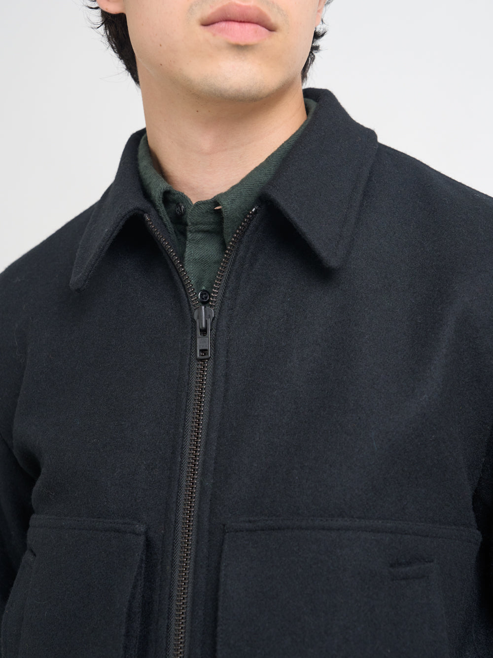 Close up collar shot of Oliver Spencer Men's Black Wool Bomber Jacket
