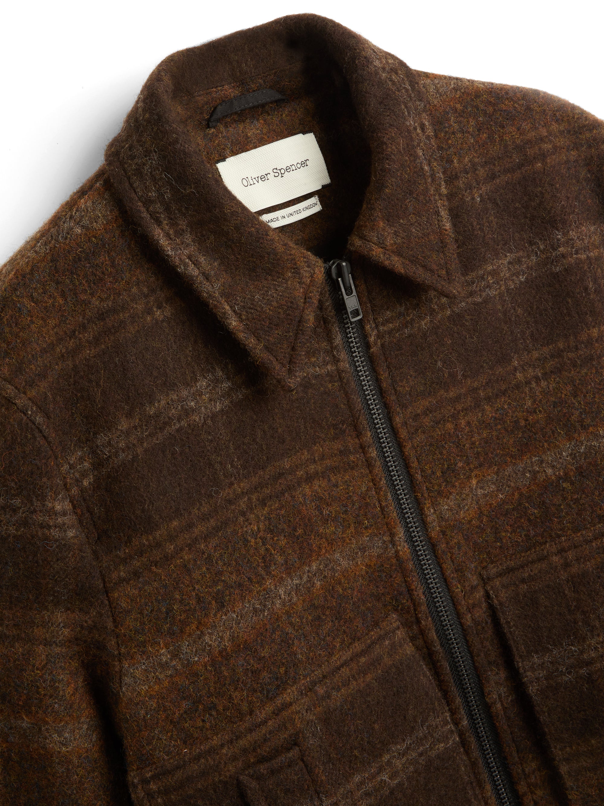 Detailed collar shot of Oliver Spencer Men's Brown Check Wool Bomber Jacket
