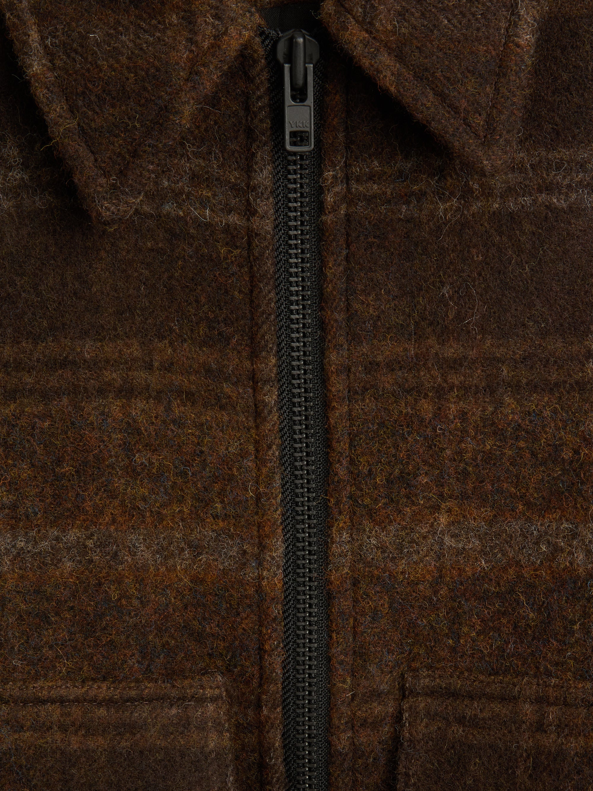 Detailed zip shot of Oliver Spencer Men's Brown Check Wool Bomber Jacket