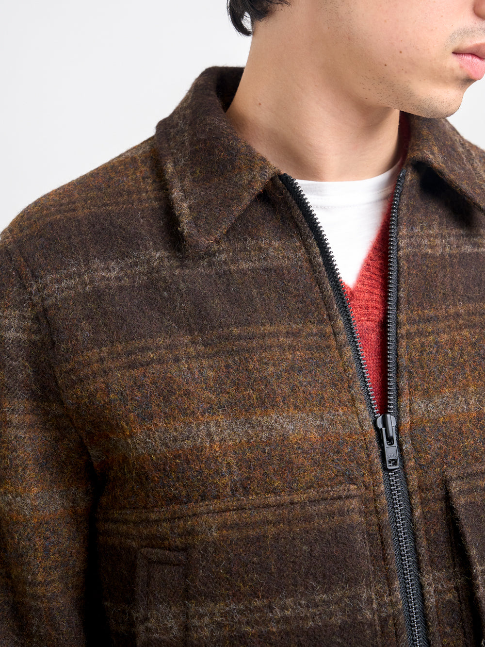 Detailed collar shot of model wearing Oliver Spencer Men's Brown Check Wool Bomber Jacket