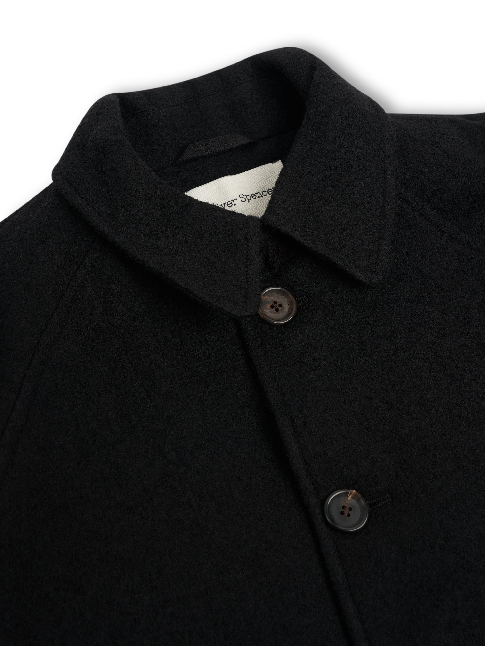 Close up collar shot of Oliver Spencer Men's Black Wool Car Coat