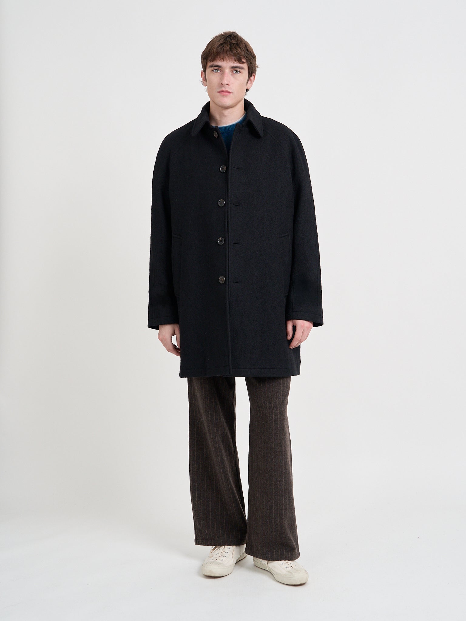 Model wearing Oliver Spencer Men's Black Wool Car Coat