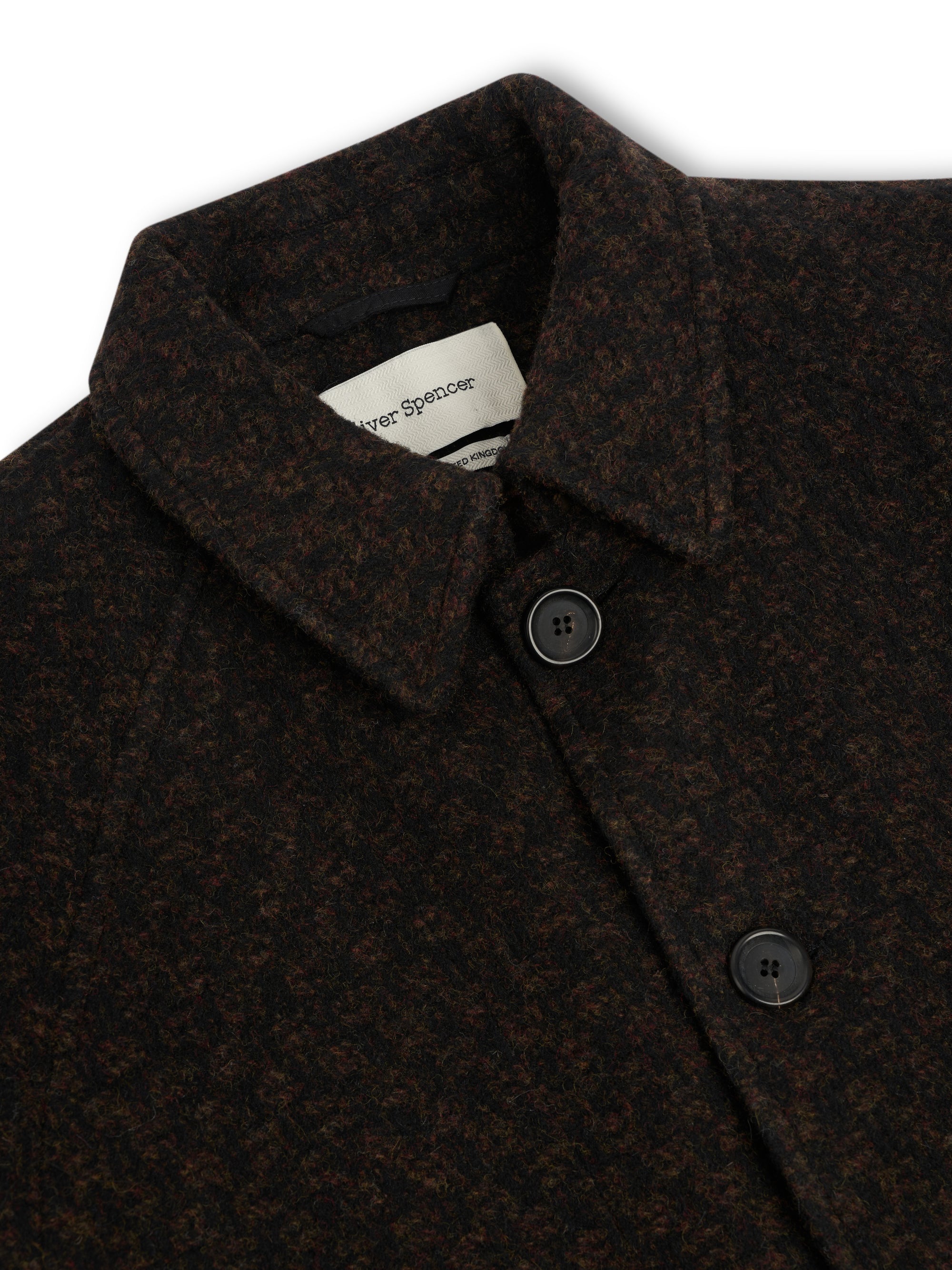 Close up collar shot of Oliver Spencer Men's Brown Wool Car Coat