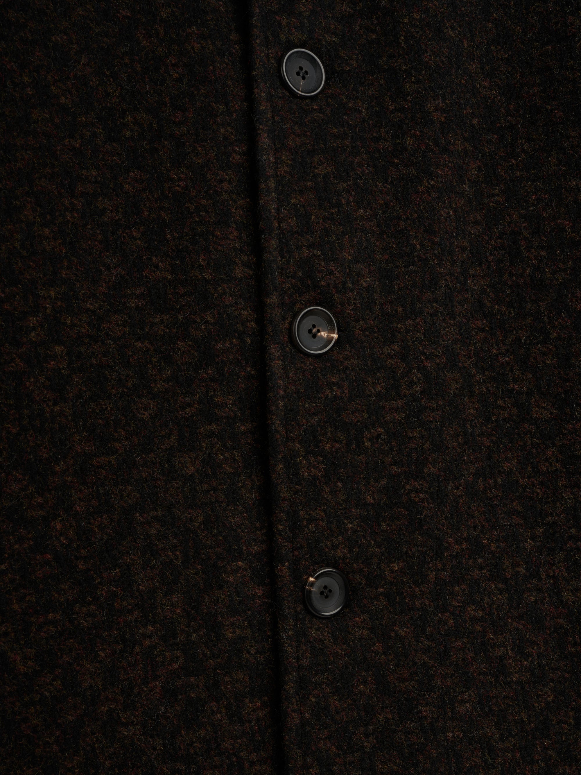 Close up button shot of Oliver Spencer Men's Brown Wool Car Coat
