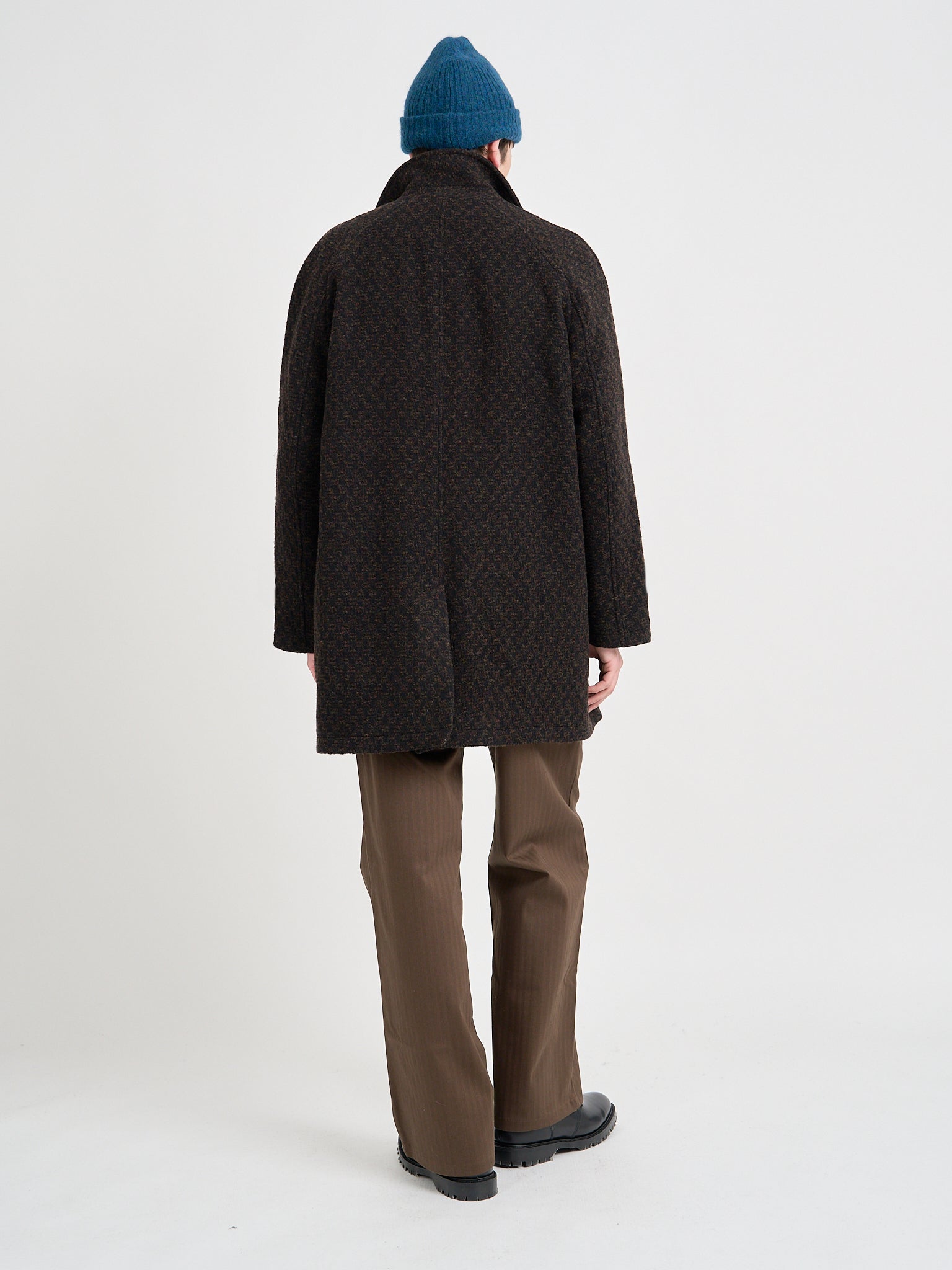 Back shot of model wearing Oliver Spencer Men's Brown Wool Car Coat
