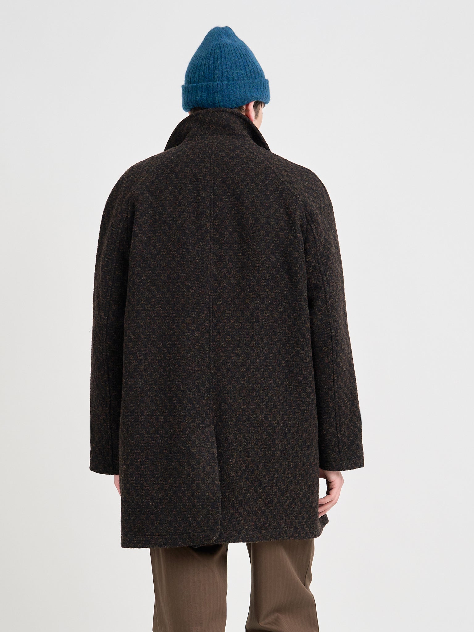 Close up back shot of Oliver Spencer Men's Brown Wool Car Coat