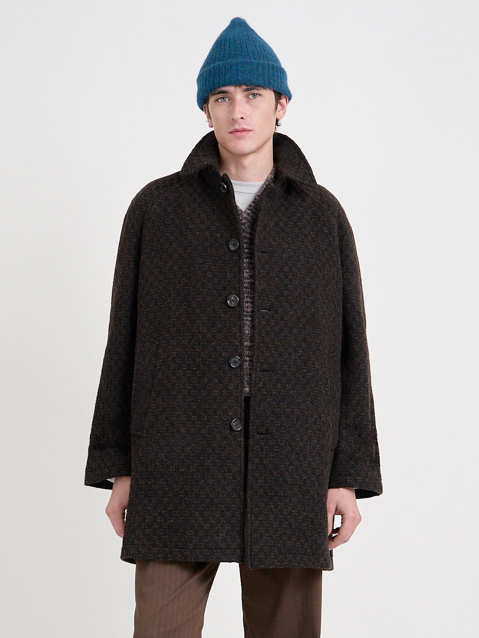 Close up shot of Oliver Spencer Men's Brown Wool Car Coat