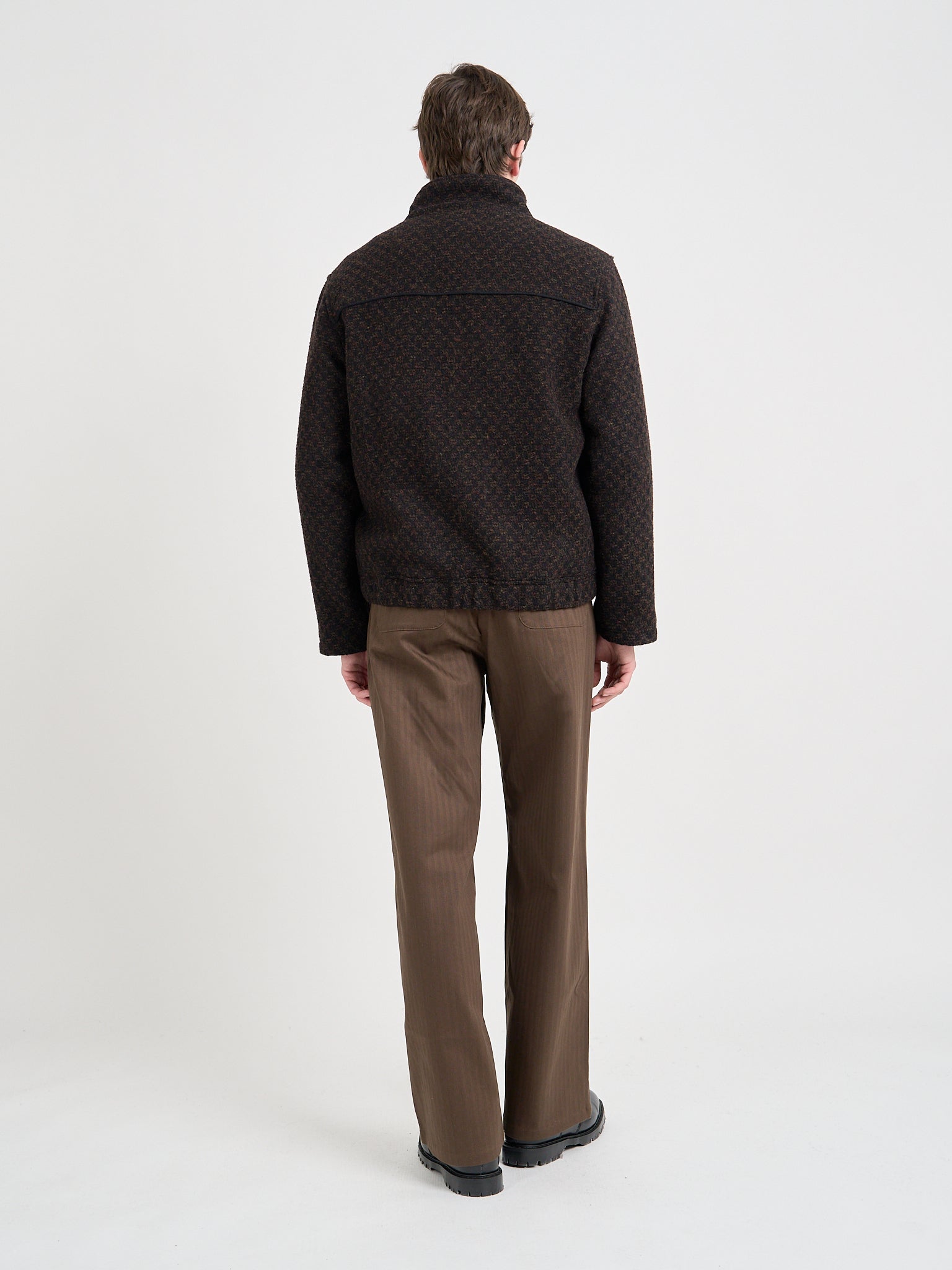 Back shot of model wearing Oliver Spencer Men's Brown Zip-Through Wool Jacket 