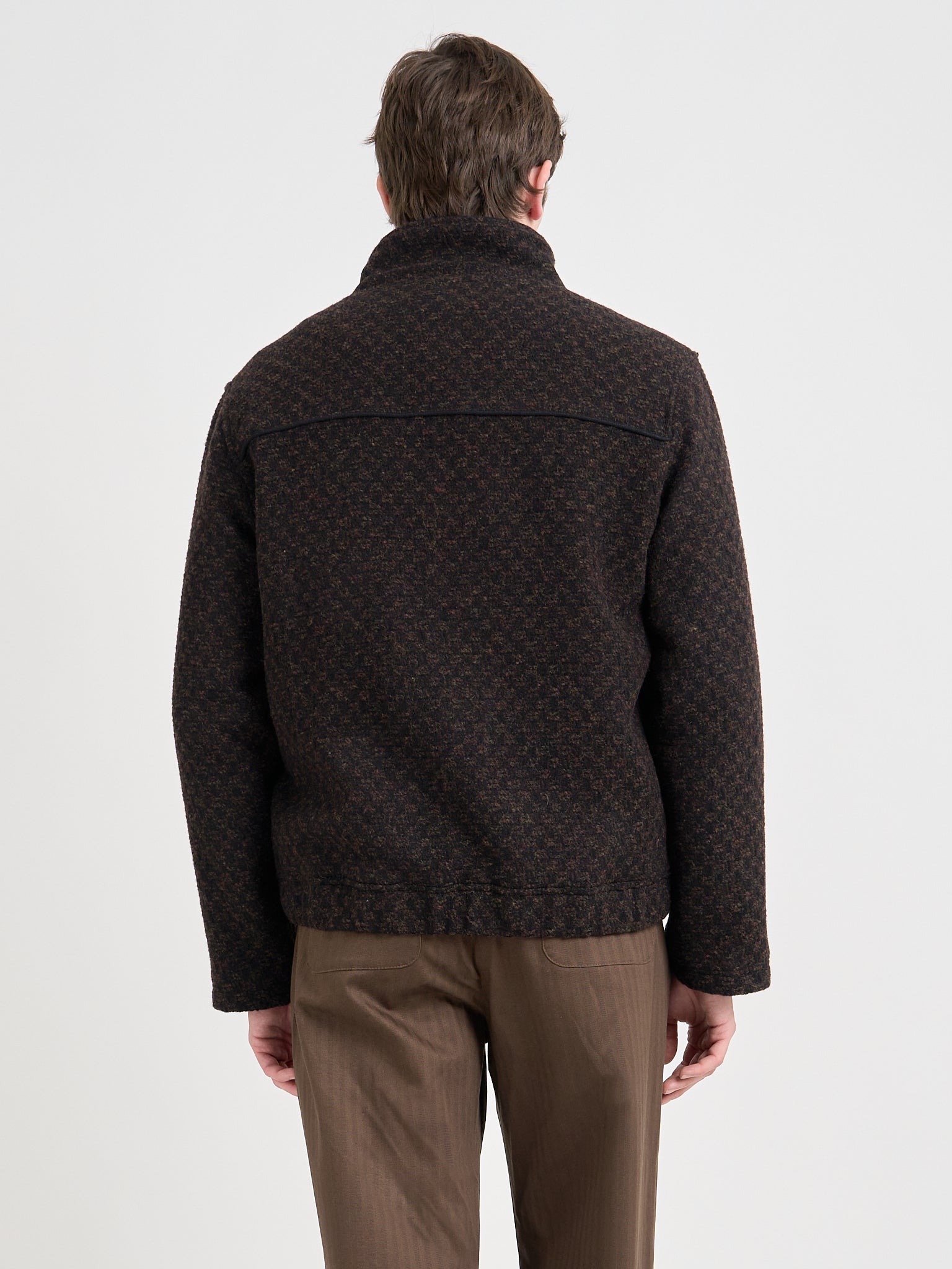 Close up back shot of model wearing Oliver Spencer Men's Brown Zip-Through Wool Jacket 