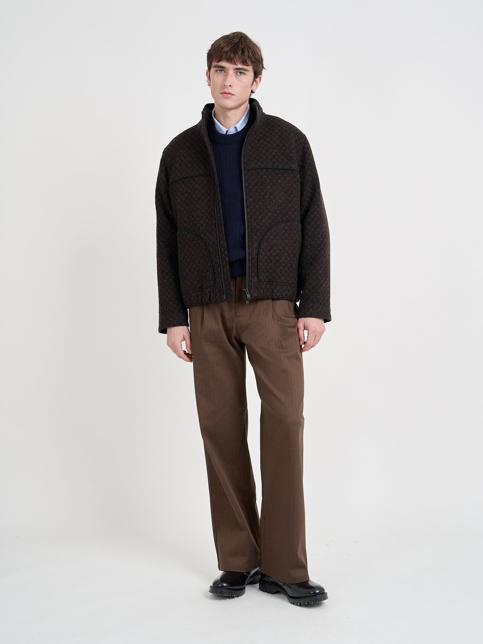 Model wearing Oliver Spencer Men's Brown Zip-Through Wool Jacket 