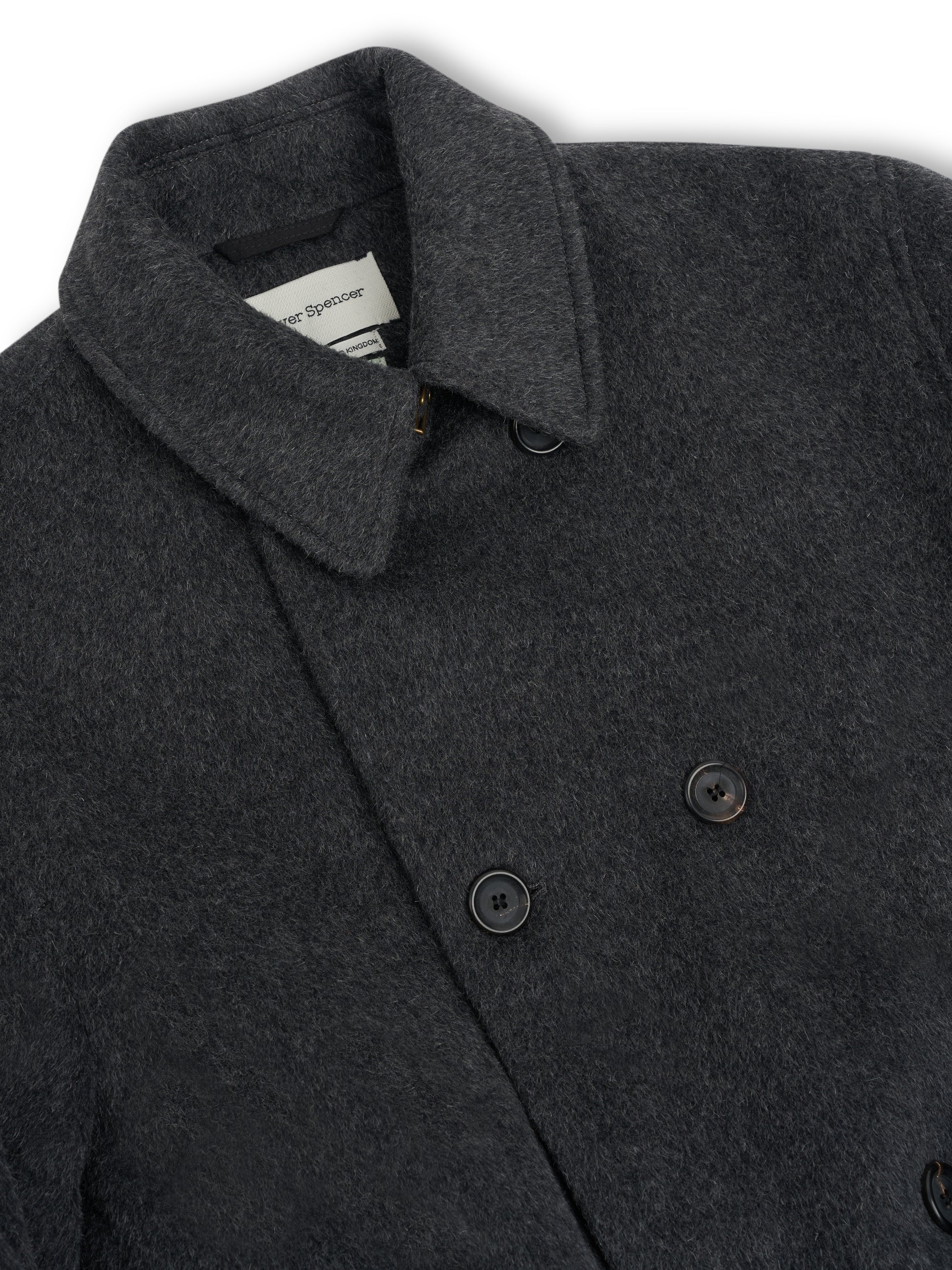 Collar shot of men's Charcoal Recycled Wool And Mohair Trench Coat