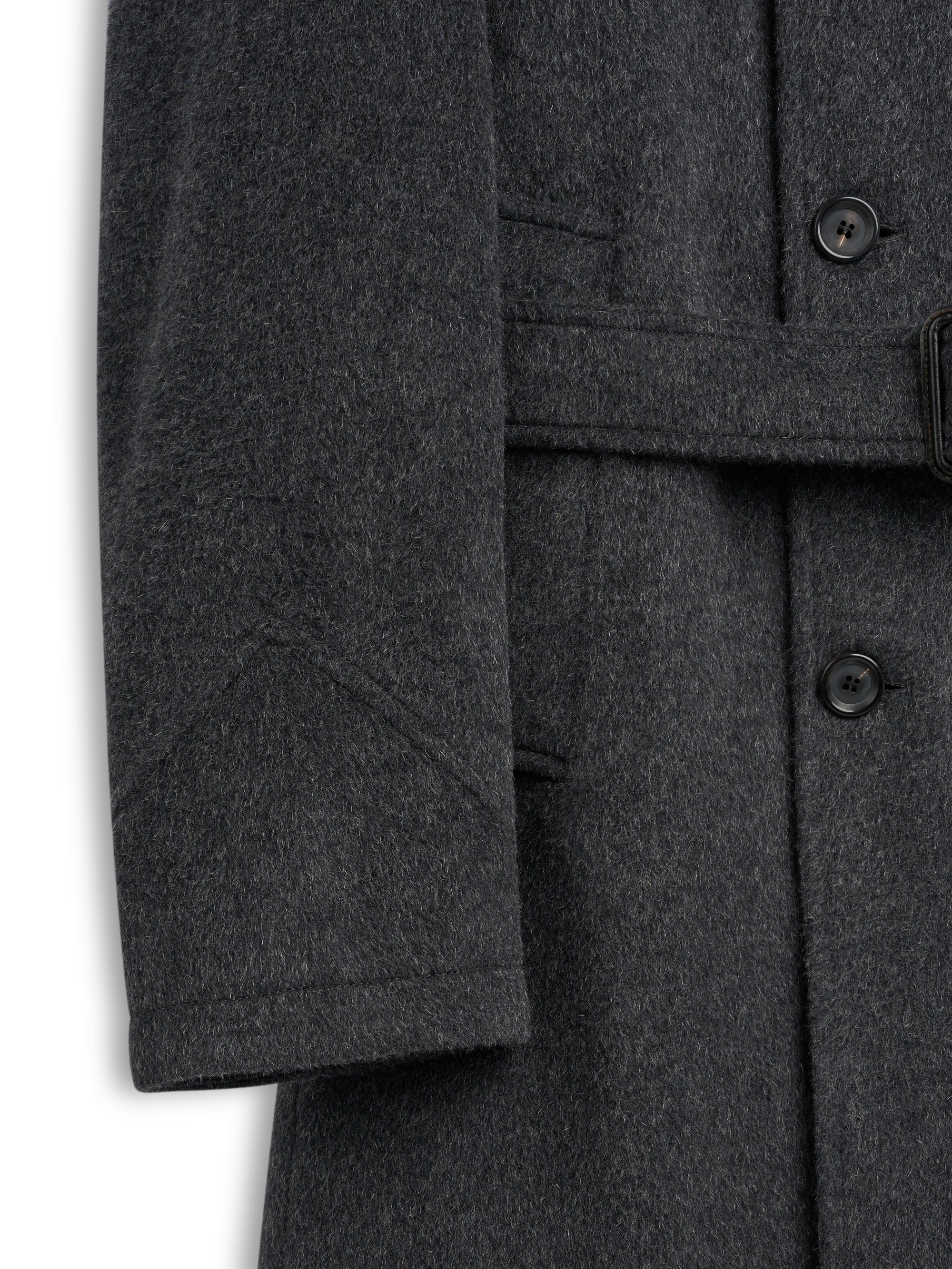 Cuff shot of men's Charcoal Recycled Wool And Mohair Trench Coat