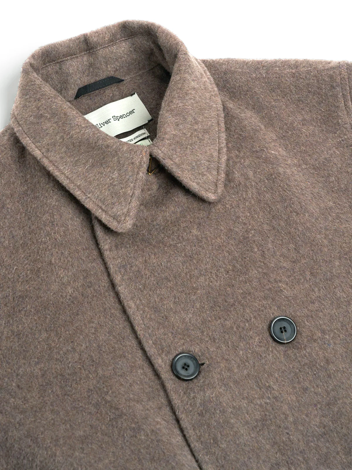 Detailed collar shot of Oliver Spencer Men's Taupe Double-Breasted Wool Trench Coat