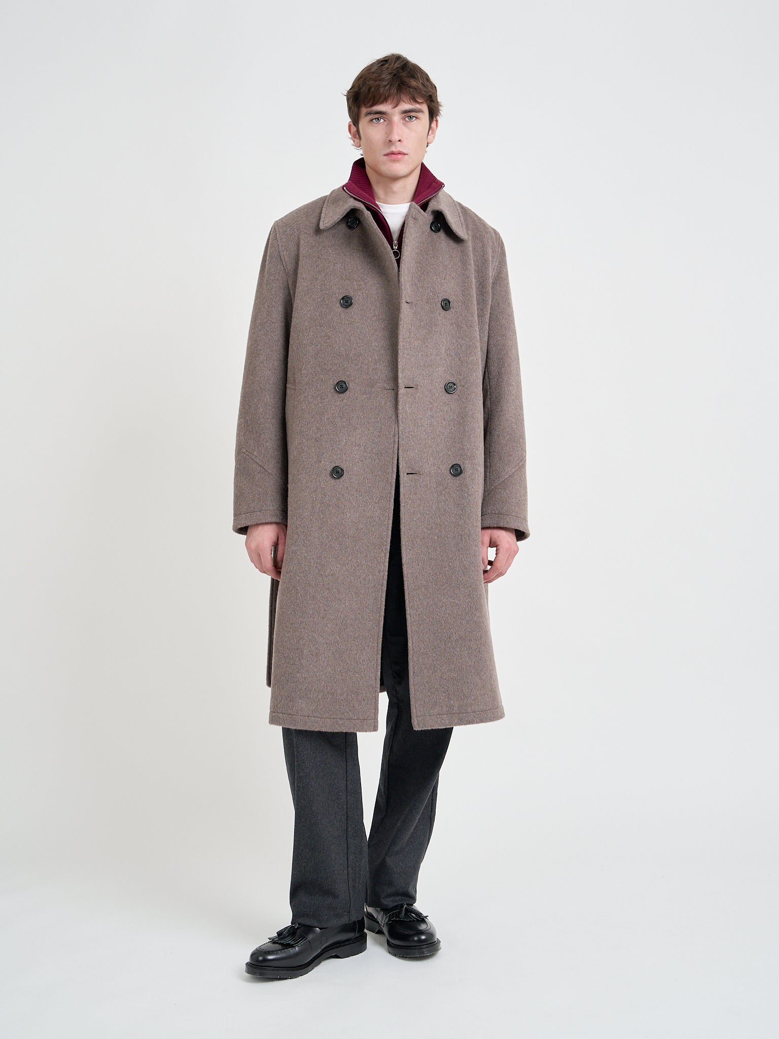 Model wearing Oliver Spencer Men's Taupe Double-Breasted Wool Trench Coat Unbuttoned