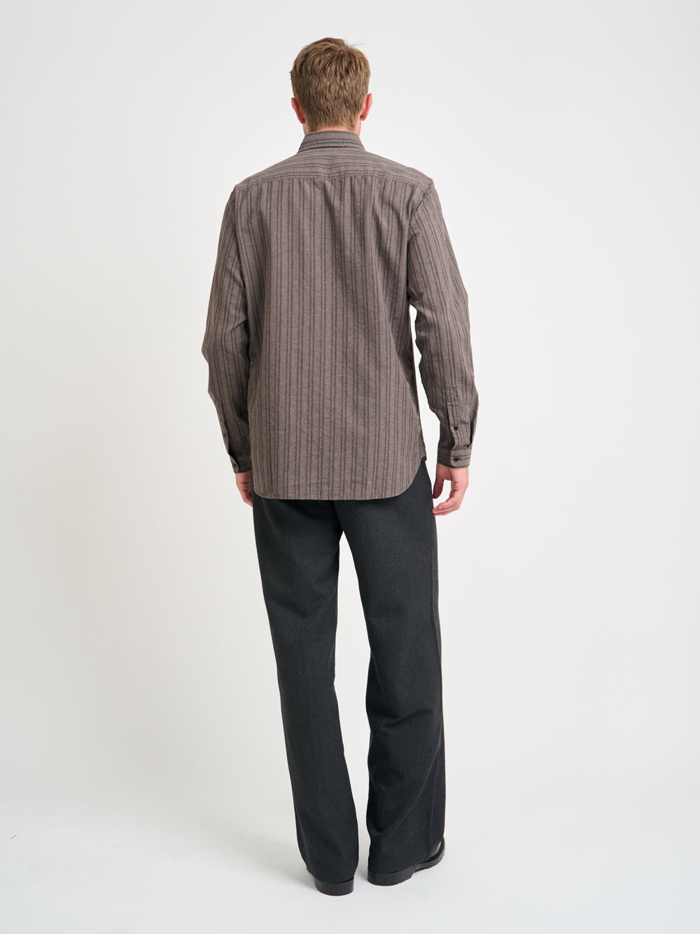 Back Shot of Model wearing Oliver Spencer Men's Button Down Striped Cotton Shirt