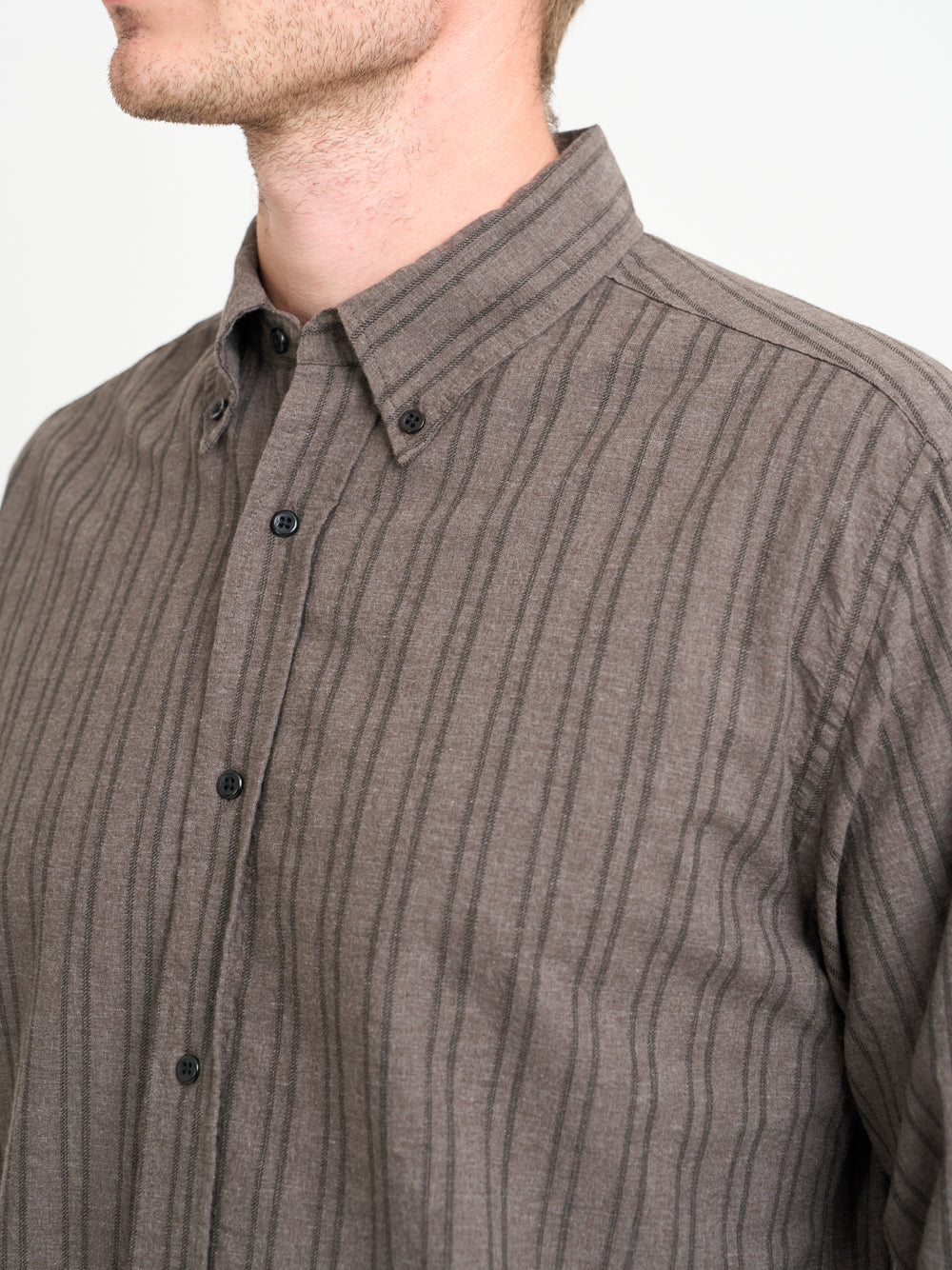 Close up collar shot of model wearing Oliver Spencer Men's Button Down Striped Cotton Shirt