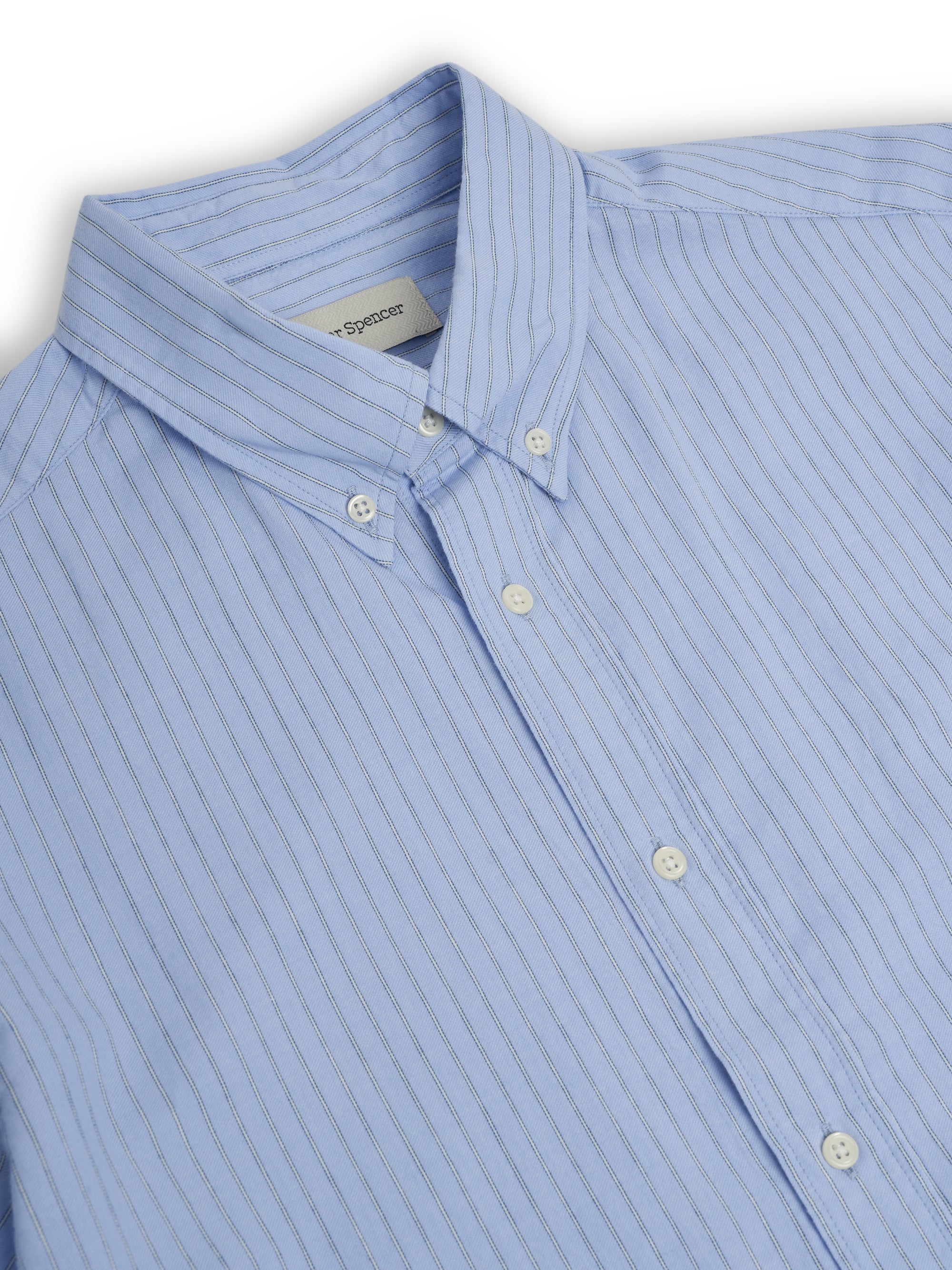 Close up collar shot of Oliver Spencer Men's Pale Blue Pinstripe Organic Cotton Button-Down Shirt
