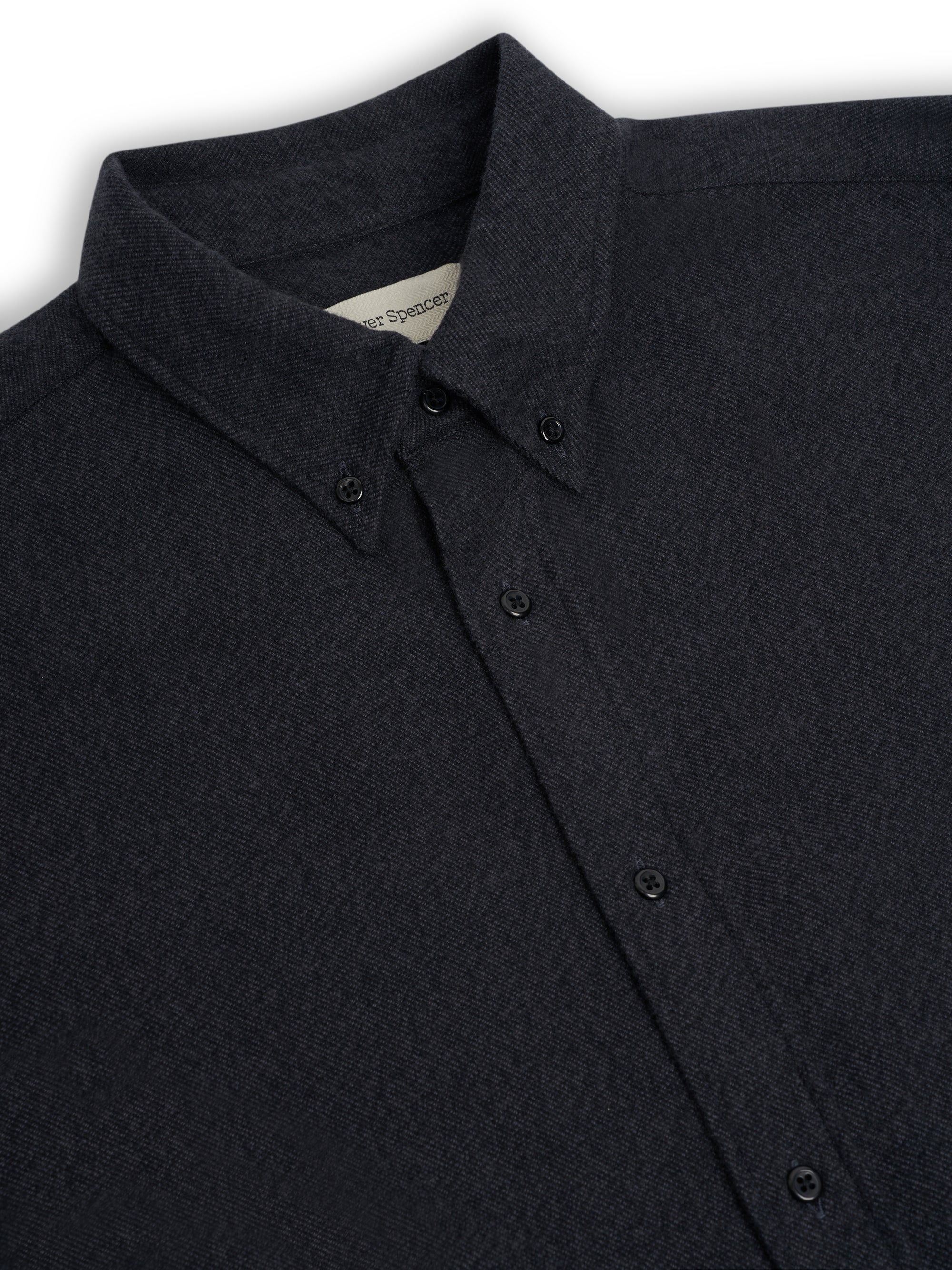 Close up collar shot of Oliver Spencer Men's Navy Brushed Cotton Button-Down Shirt
