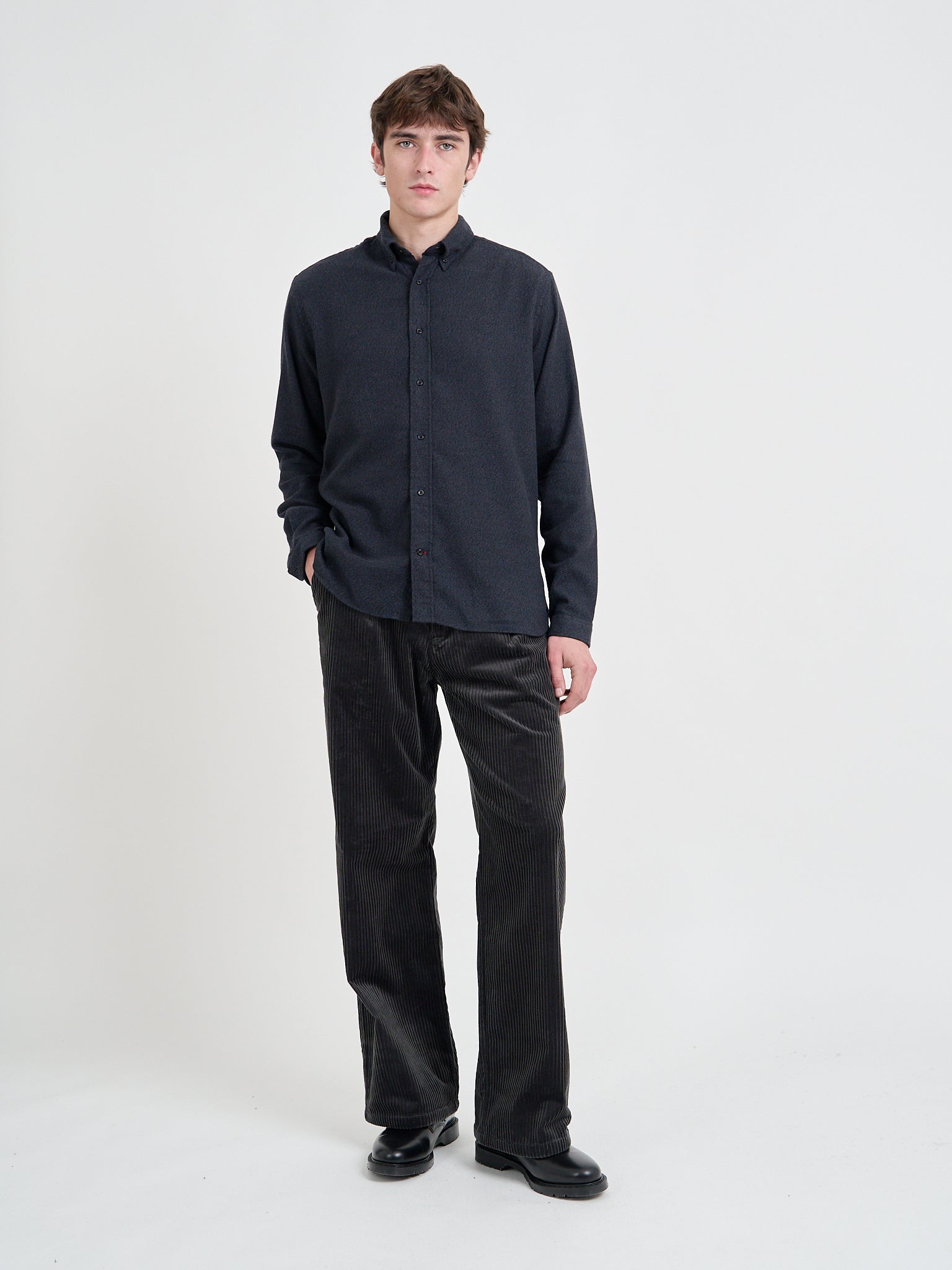 Model wearing Oliver Spencer Men's Navy Brushed Cotton Button-Down Shirt