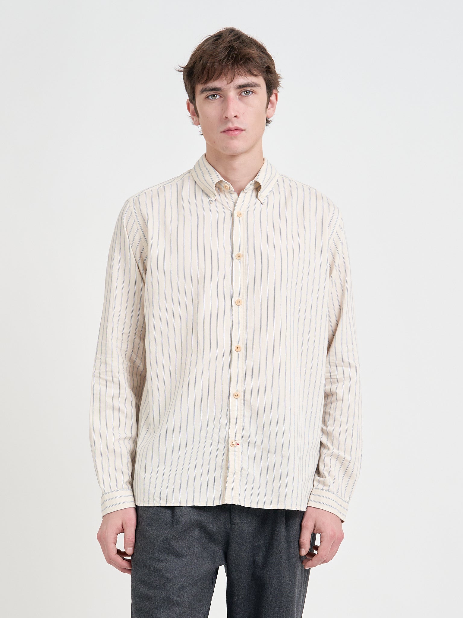 Model wearing Oliver Spencer Cream Striped Shirt