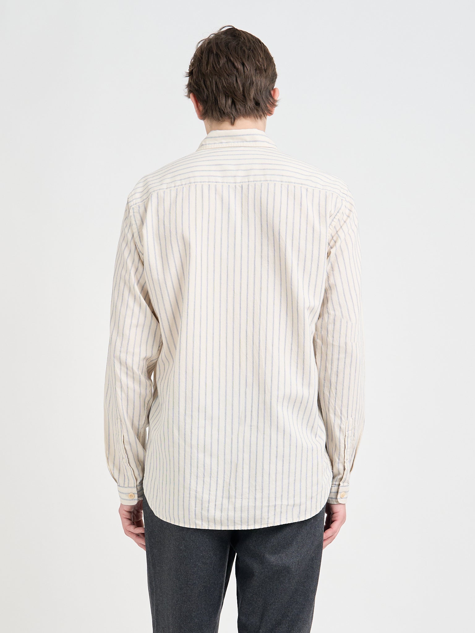 Back shot of Model wearing Oliver Spencer Cream Striped Shirt