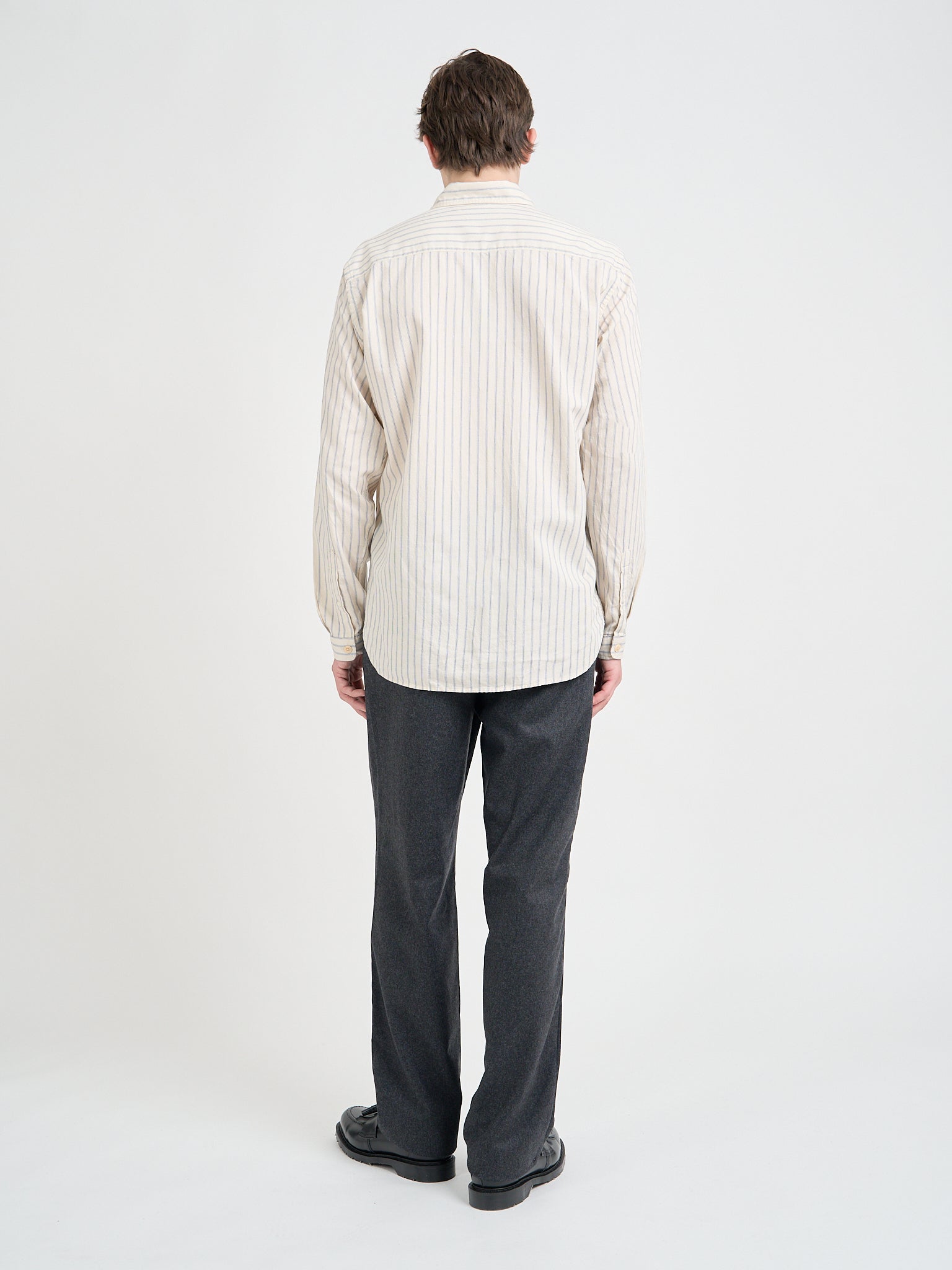 Back shot of model wearing Oliver Spencer Cream Striped Shirt