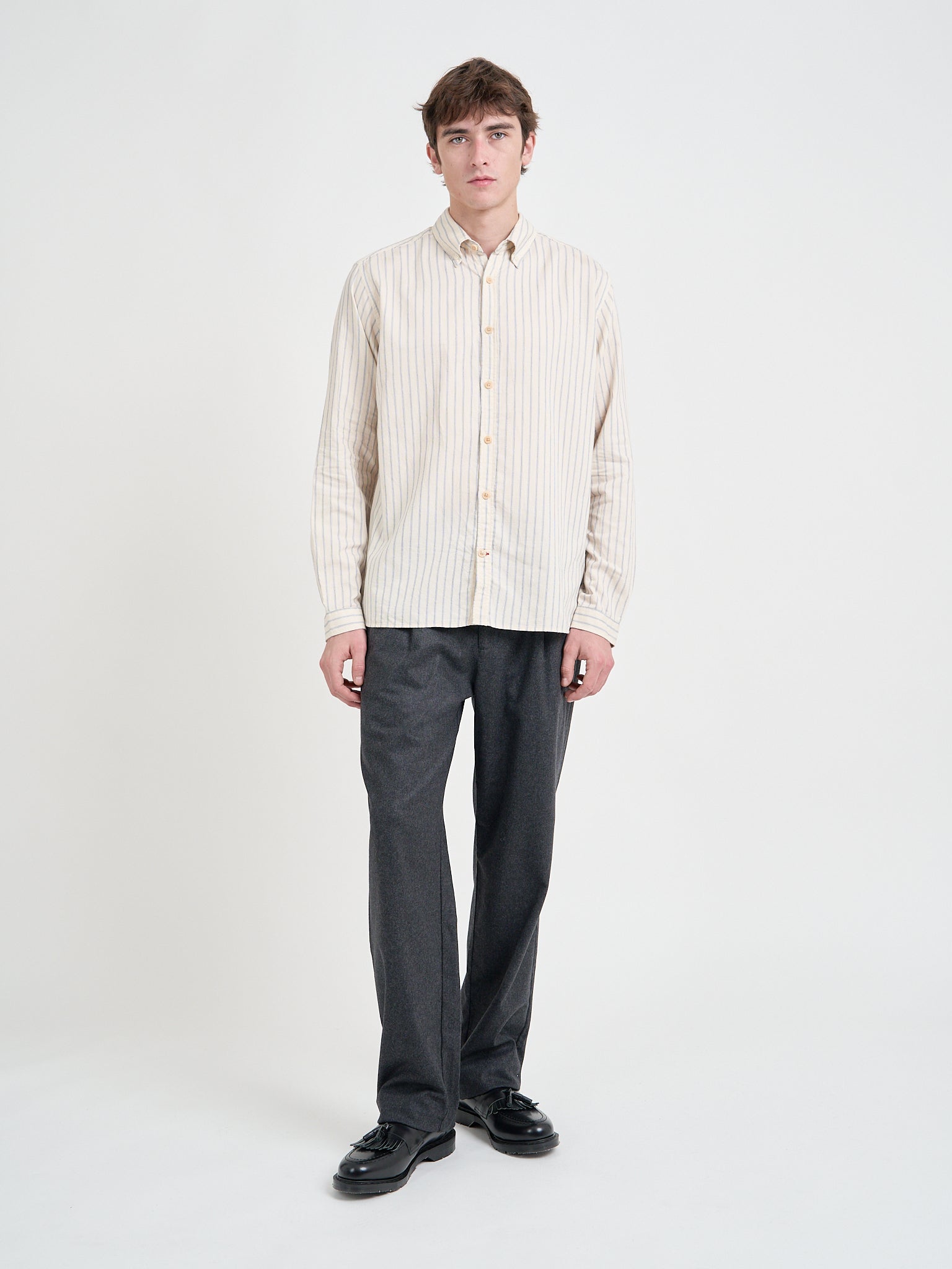 Model wearing Oliver Spencer Cream Striped Shirt