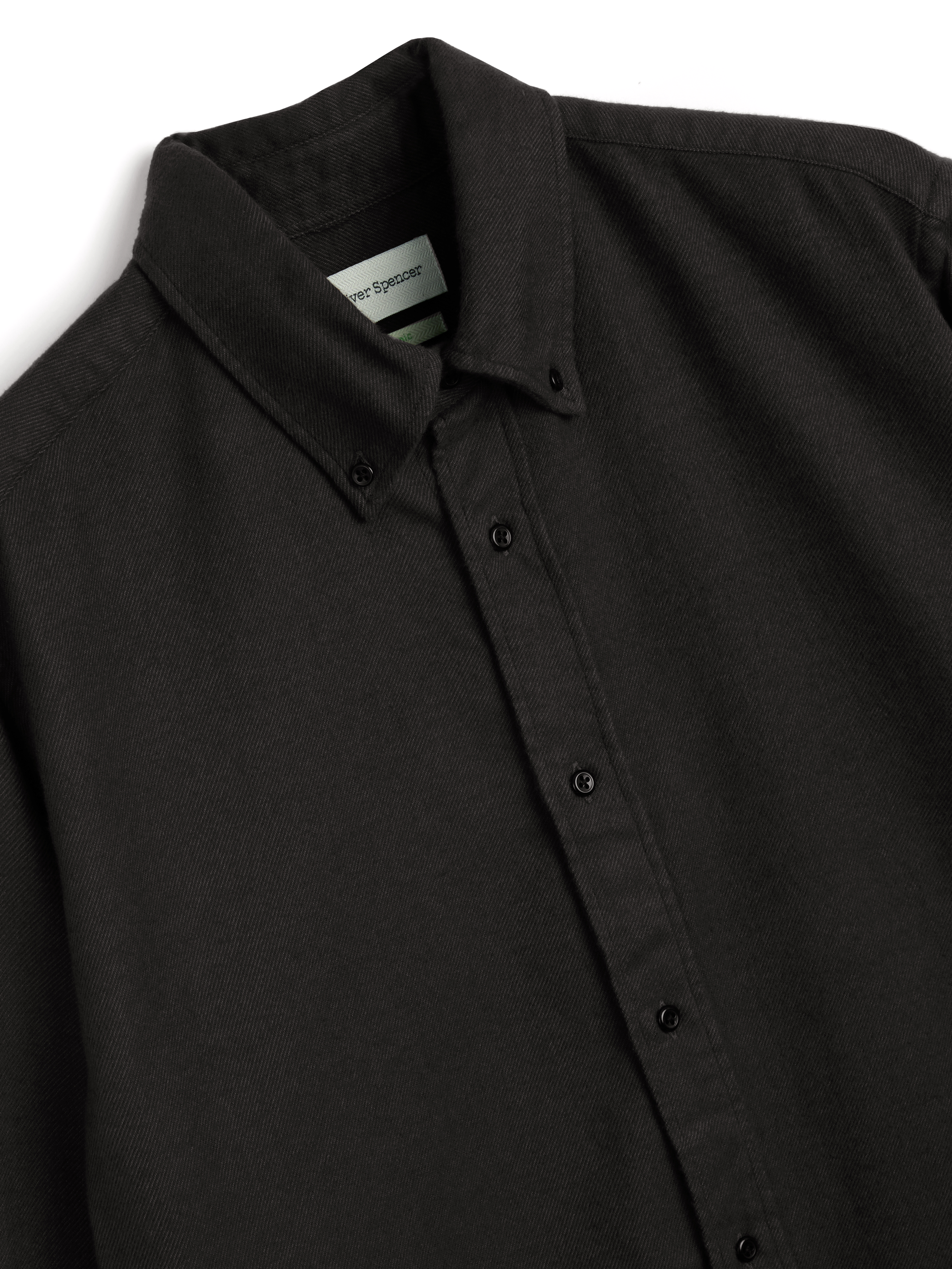 Closer collar shot of Oliver Spencer Men's Dark Grey Button Down Organic Cotton Shirt