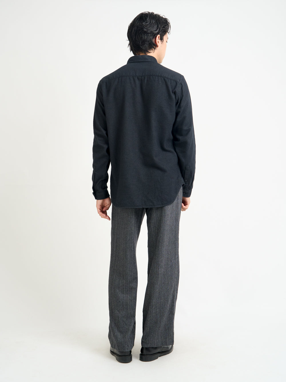 Back shot of model wearing Oliver Spencer Men's Dark Grey Button Down Organic Cotton Shirt