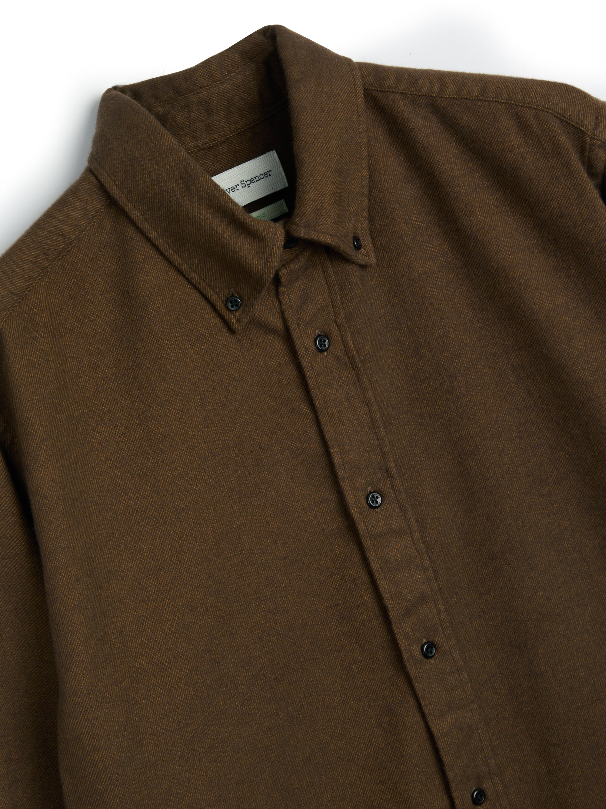 Close up collar shot of Oliver Spencer Men's Brown Button Down Organic Cotton Shirt