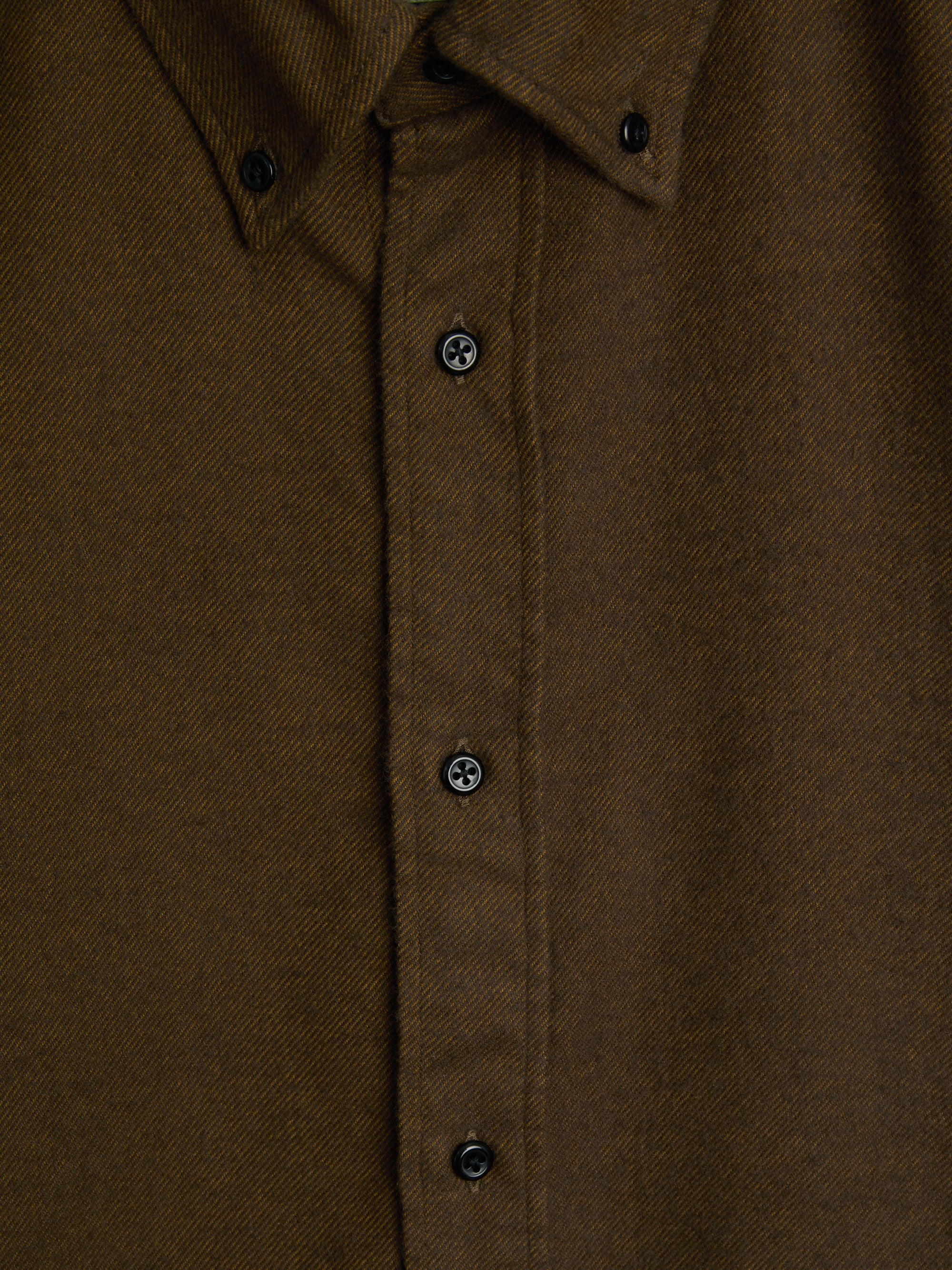 Close up button shot of Oliver Spencer Men's Brown Button Down Organic Cotton Shirt