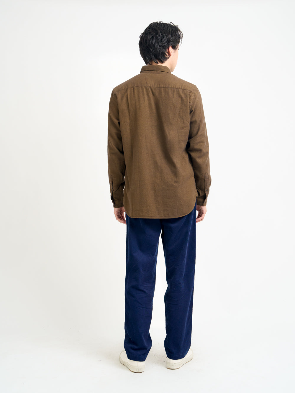 Back shot of model wearing Oliver Spencer Men's Brown Button Down Organic Cotton Shirt