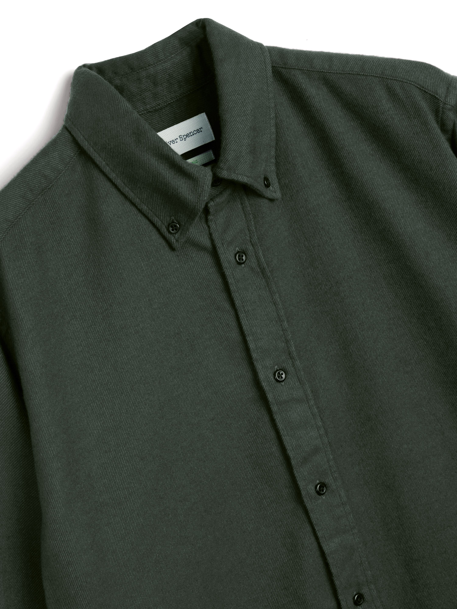 Close up collar shot of Oliver Spencer Men's Green Button Down Organic Cotton Shirt.
