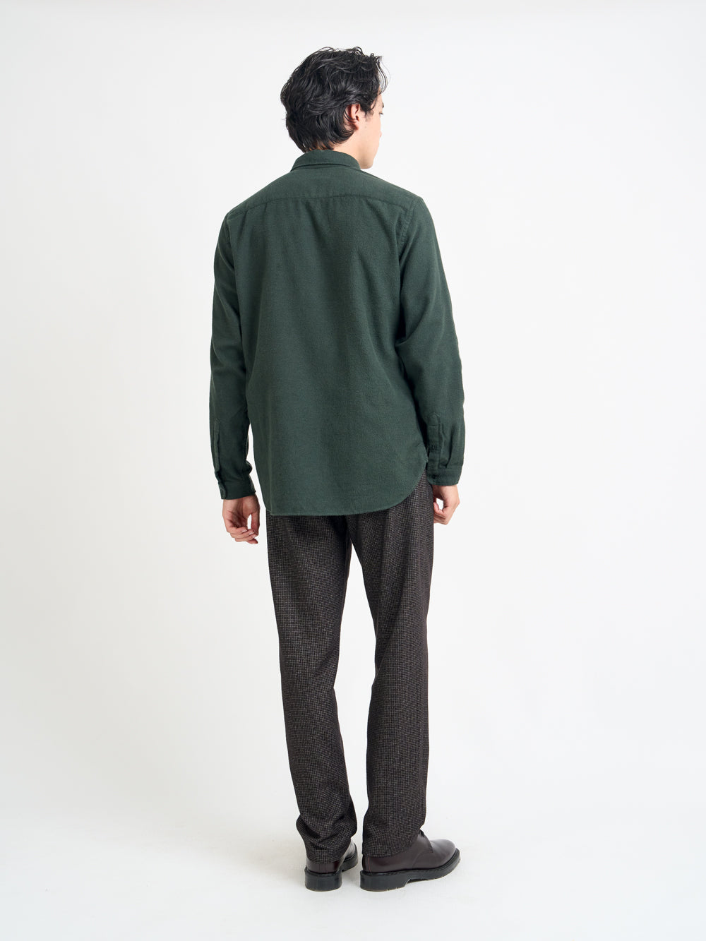 Back shot of model wearing Oliver Spencer Men's Green Button Down Organic Cotton Shirt.
