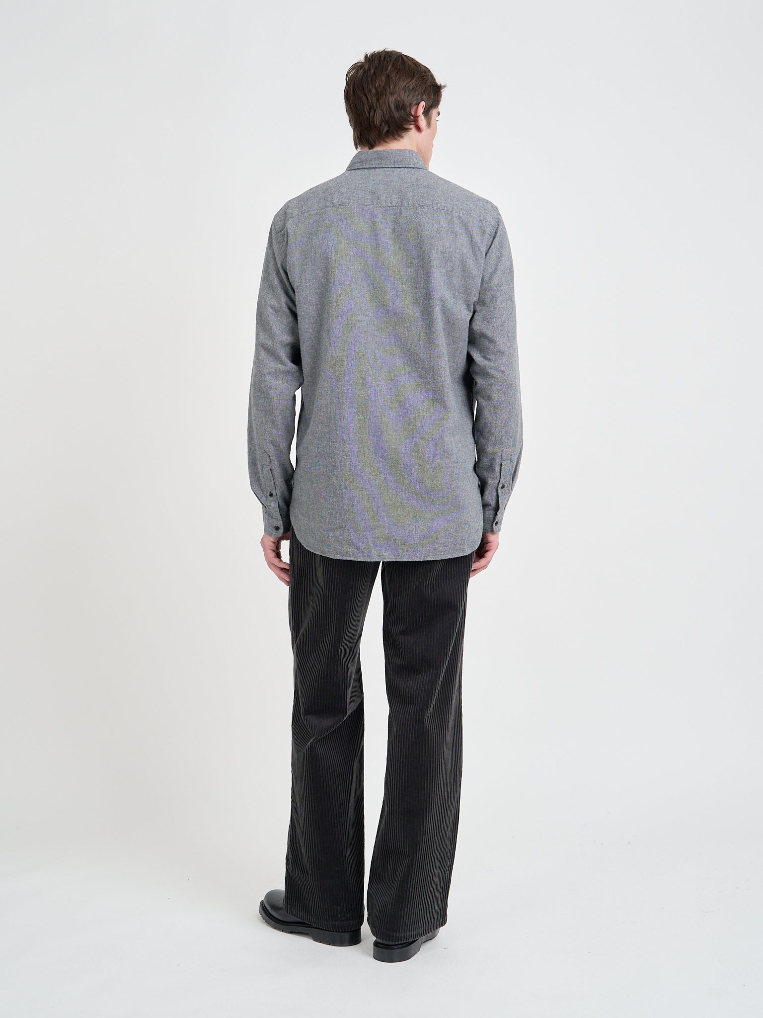 Back shot of model wearing Oliver Spencer Men's Grey Brushed Cotton Button-Down Shirt