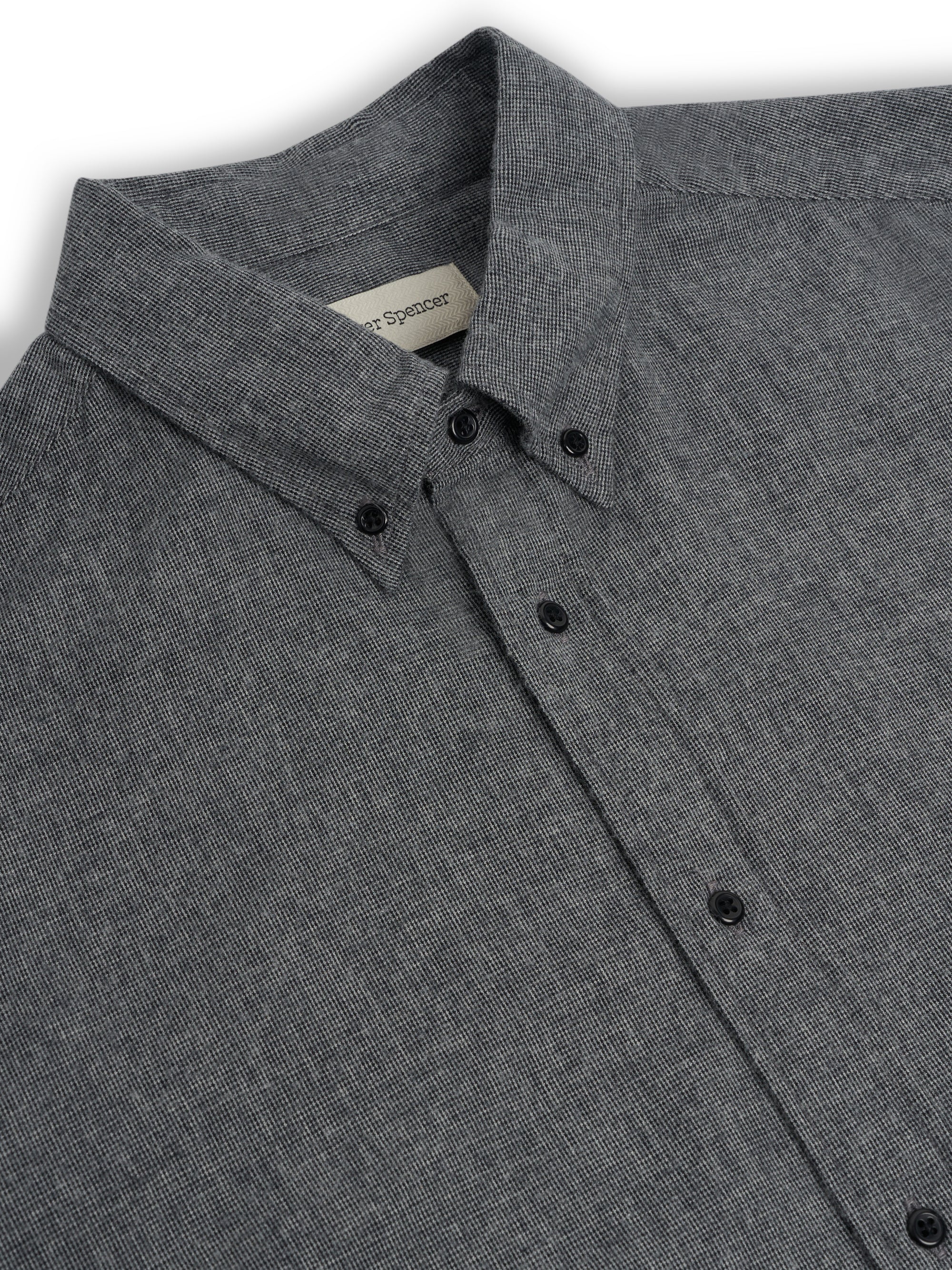 Detailed collar shot of Oliver Spencer Men's Grey Brushed Cotton Button-Down Shirt