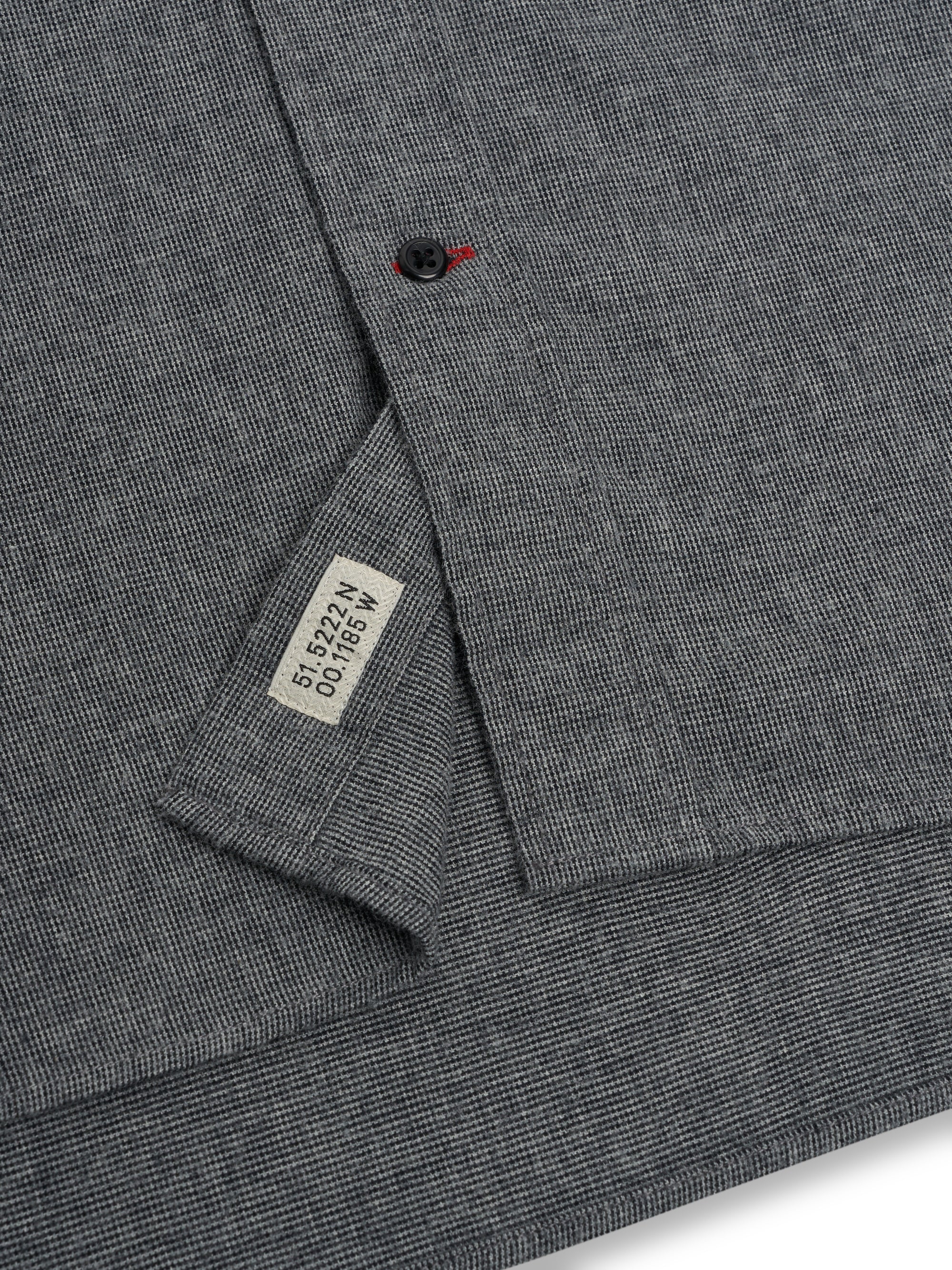 Detailed material shot of bottom of Oliver Spencer Men&#39;s Grey Brushed Cotton Button-Down Shirt