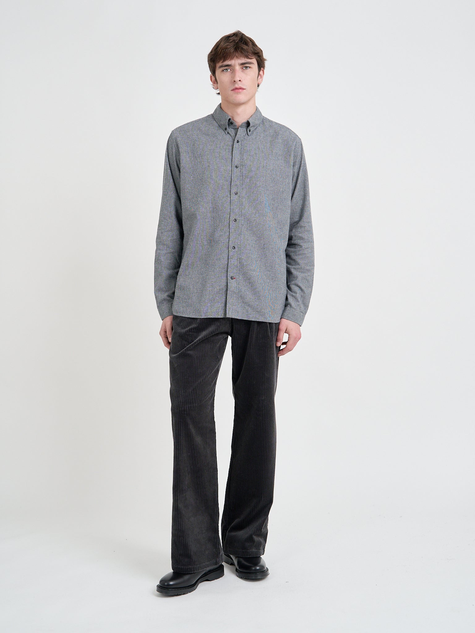 Model wearing Oliver Spencer Men's Grey Brushed Cotton Button-Down Shirt