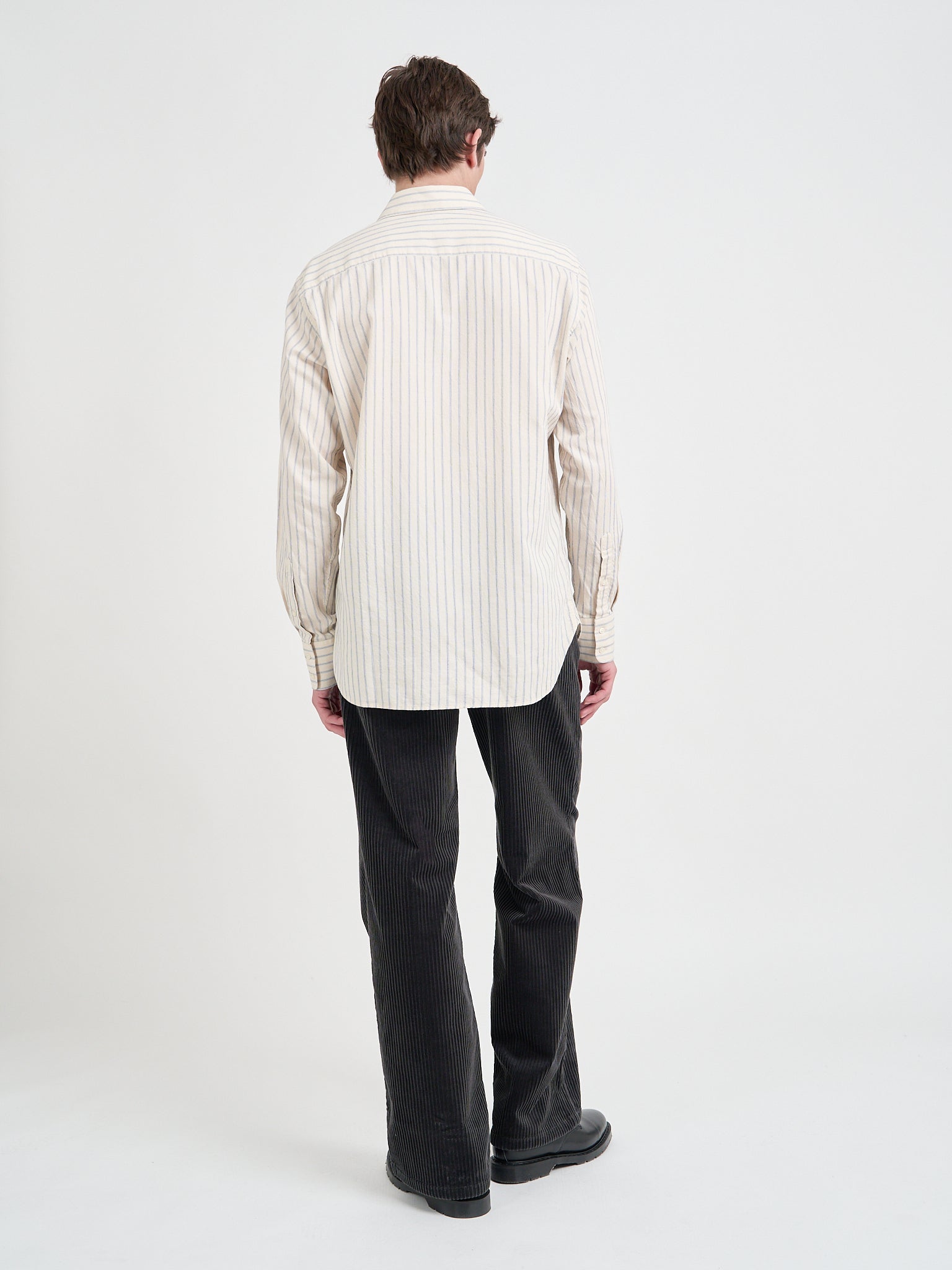 Back shot of Model wearing Oliver Spencer Men's Cream Stripe Organic Cotton Shirt