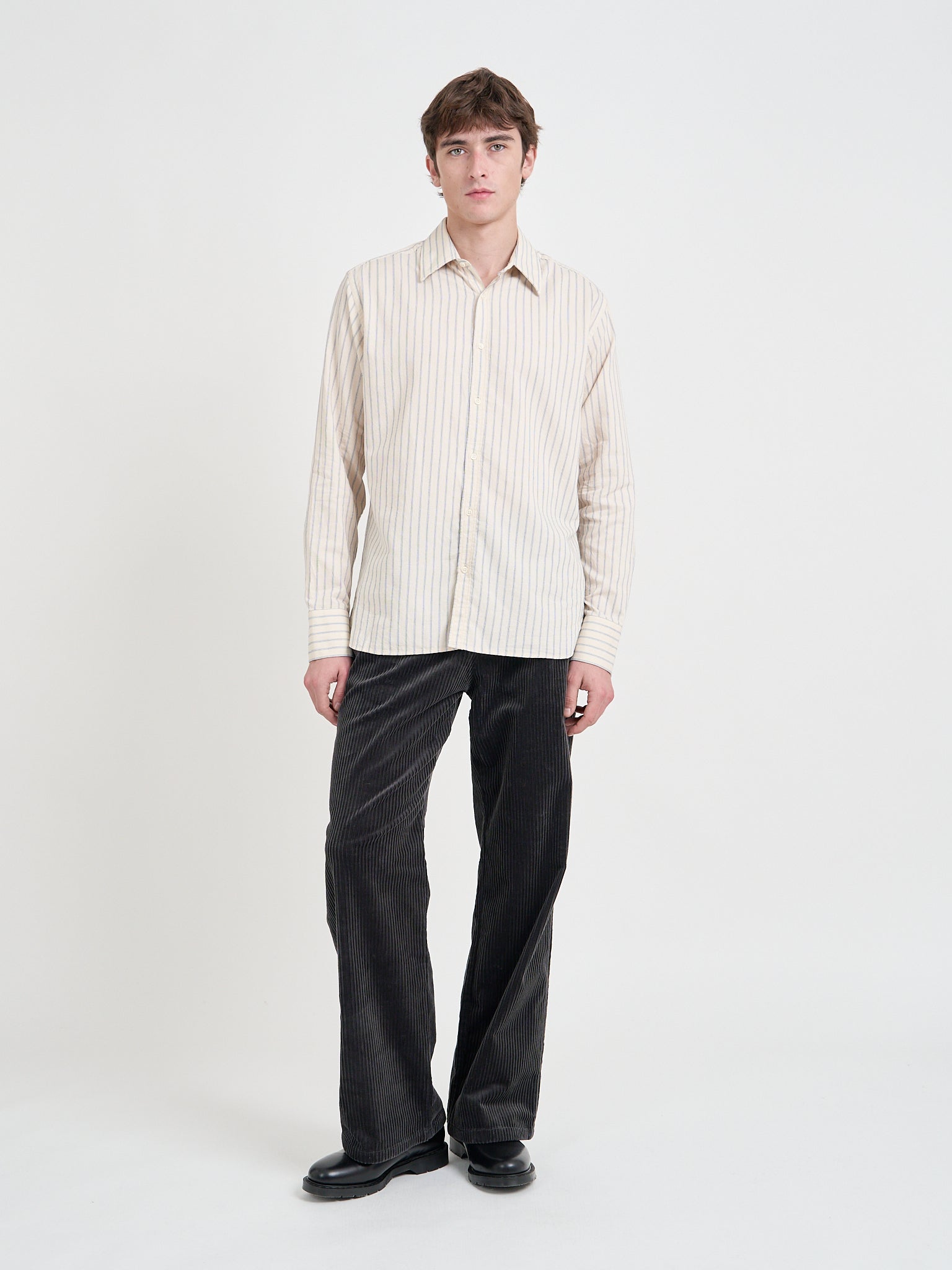 Model wearing Oliver Spencer Men's Cream Stripe Organic Cotton Shirt