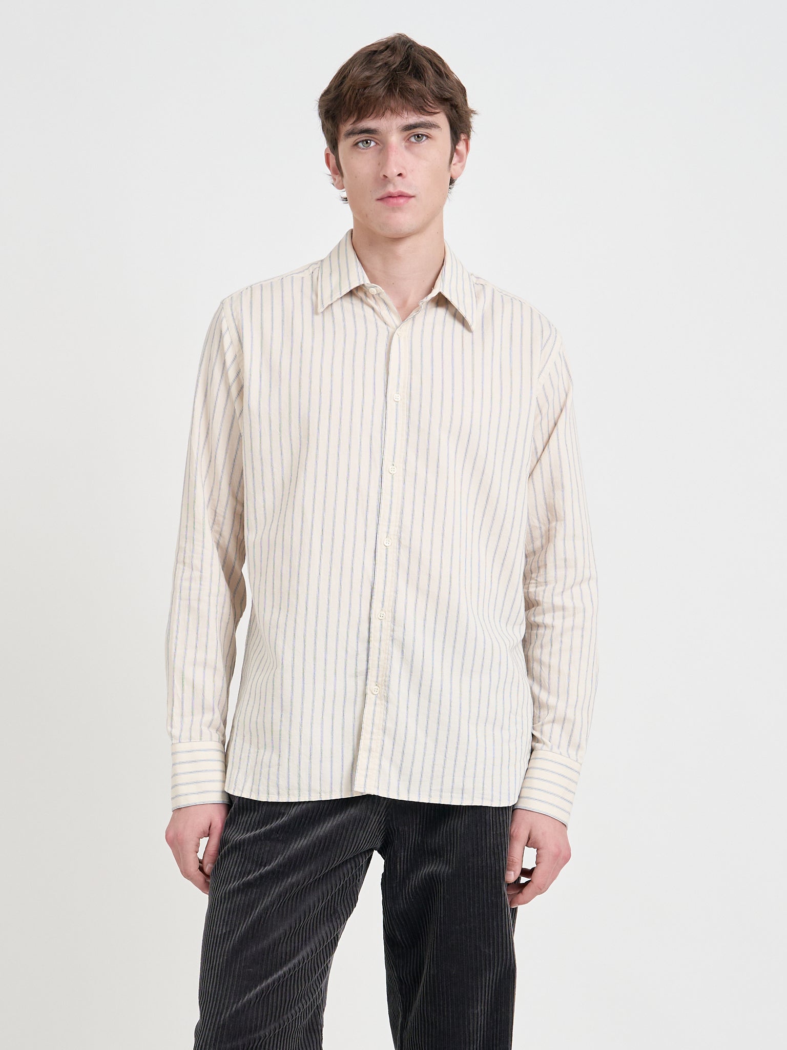 Model wearing Oliver Spencer Men&#39;s Cream Stripe Organic Cotton Shirt