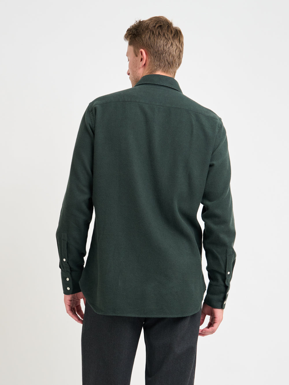 Back shot of model wearing Oliver Spencer Spread Collar Organic Cotton Shirt With Stiffeners