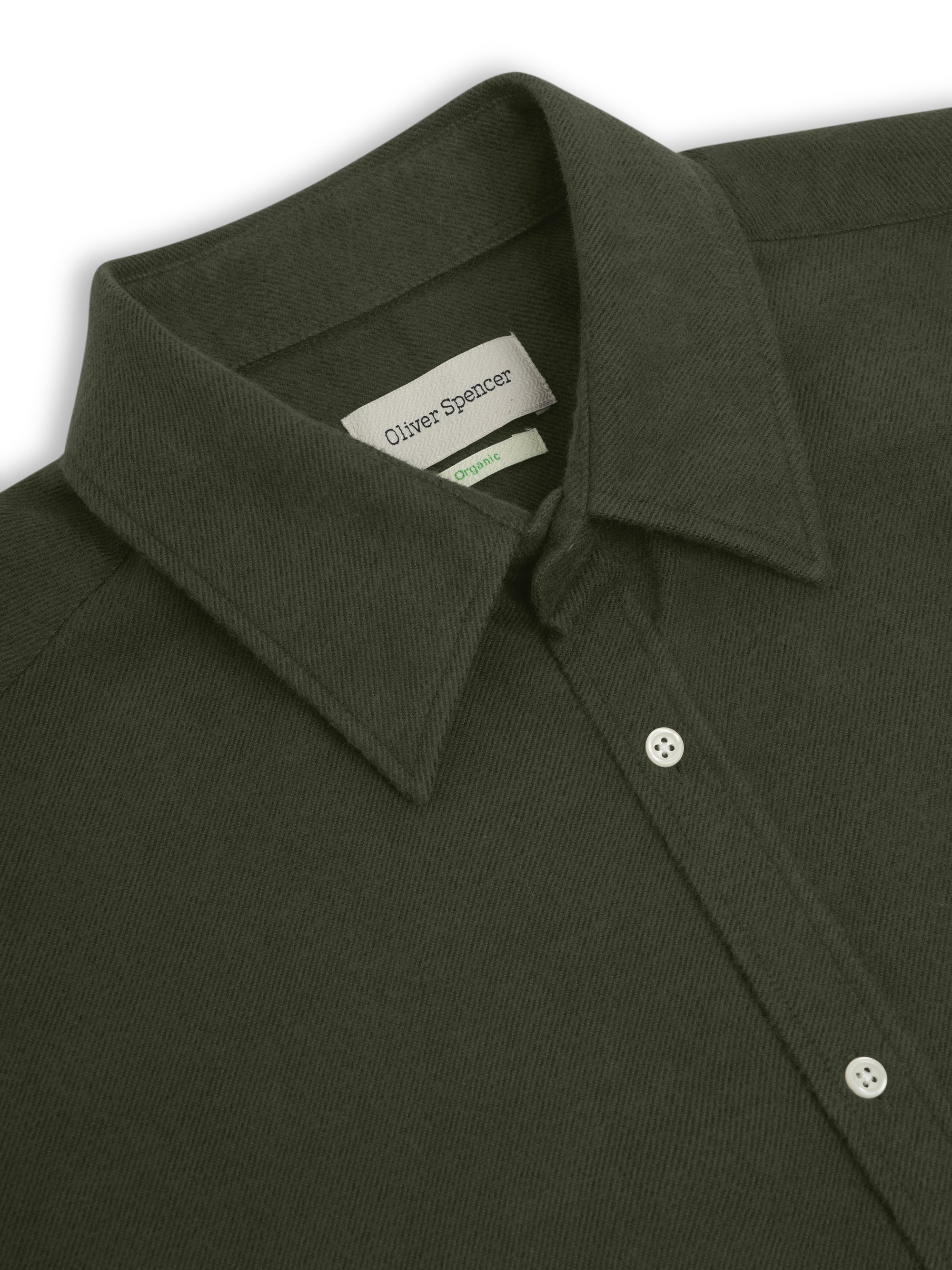 Collar shot of Oliver Spencer Spread Collar Organic Cotton Shirt With Stiffeners