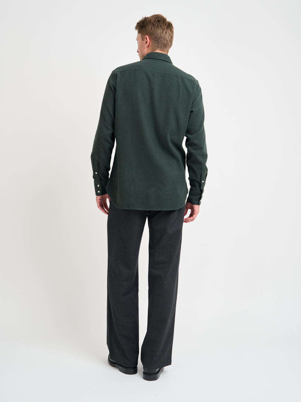 Back shot of Model wearing Oliver Spencer Spread Collar Organic Cotton Shirt With Stiffeners
