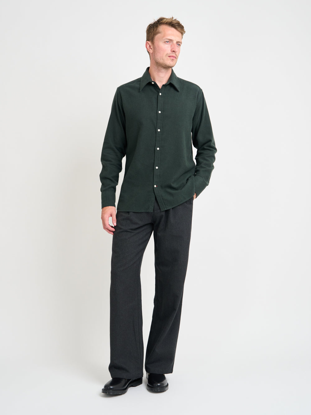 Model wearing Oliver Spencer Spread Collar Organic Cotton Shirt With Stiffeners